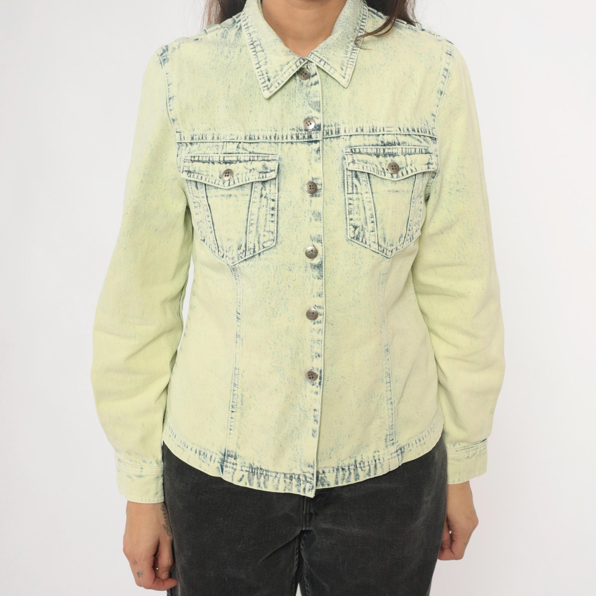 90s Get Together Acid Wash Denim Shirt Yellow Cotton Small