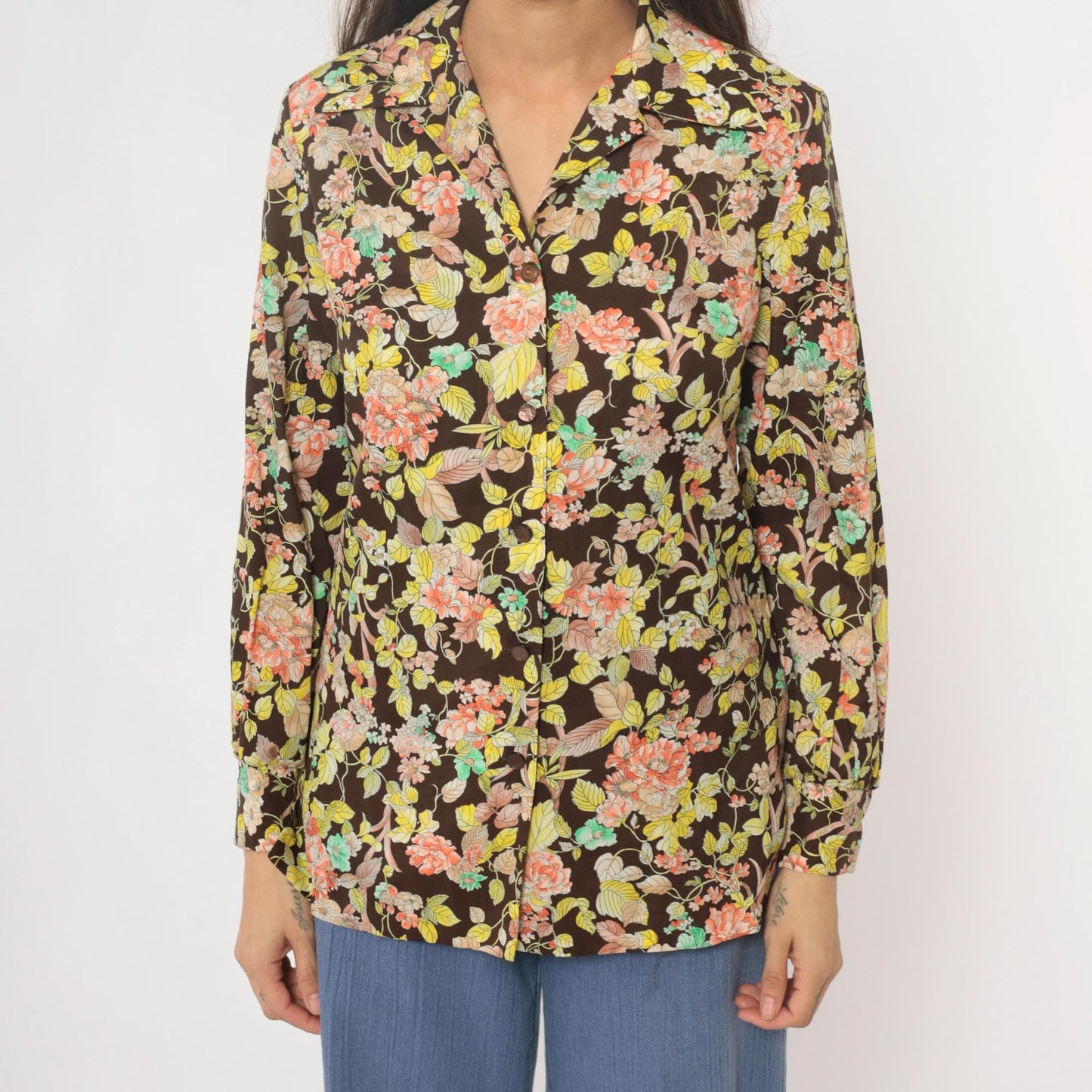 70s Pykettes Floral Blouse Brown Psychedelic Print Collared Long Sleeve Medium