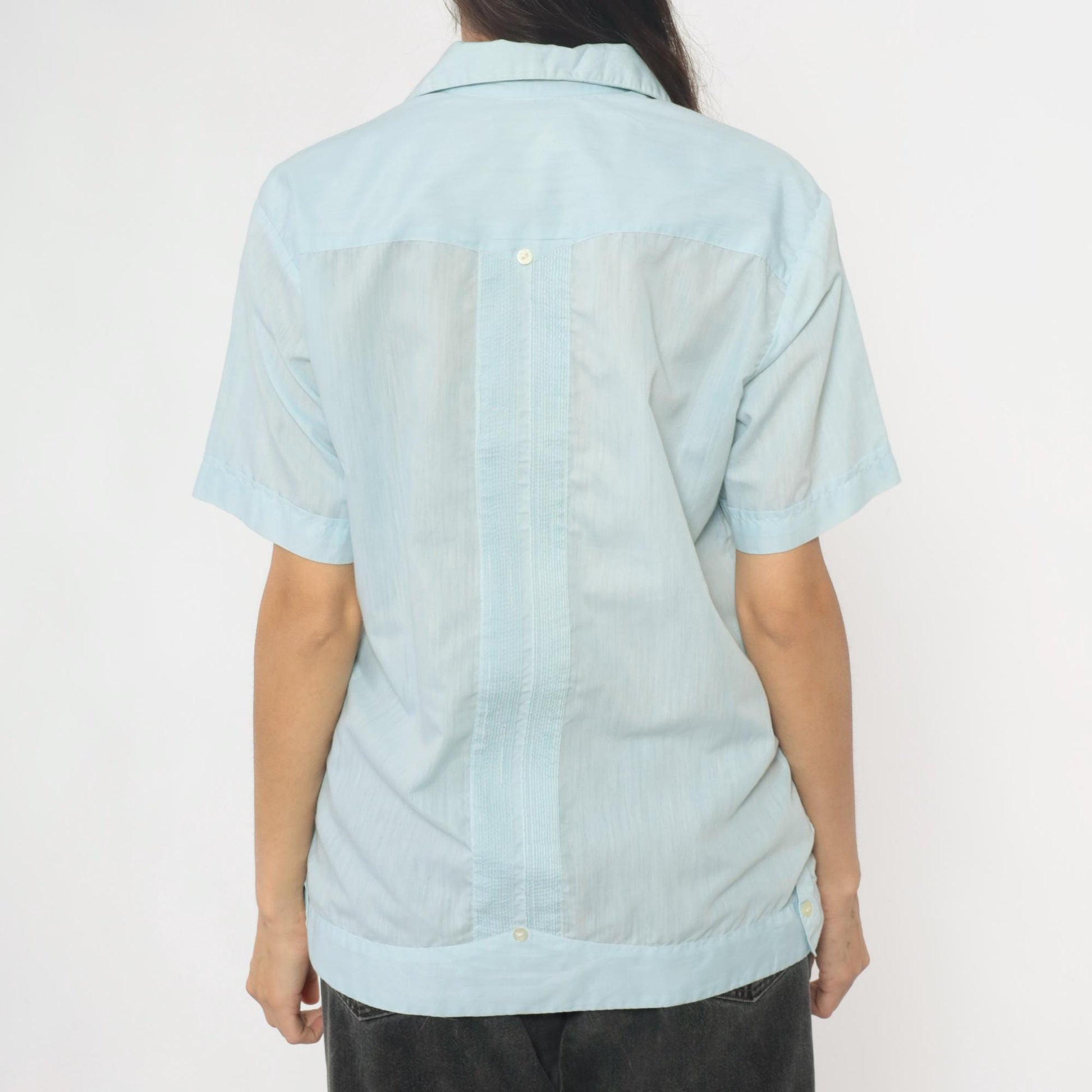80s Light Blue Mexican Embroidered Pintuck Camp Collar Shirt Large L