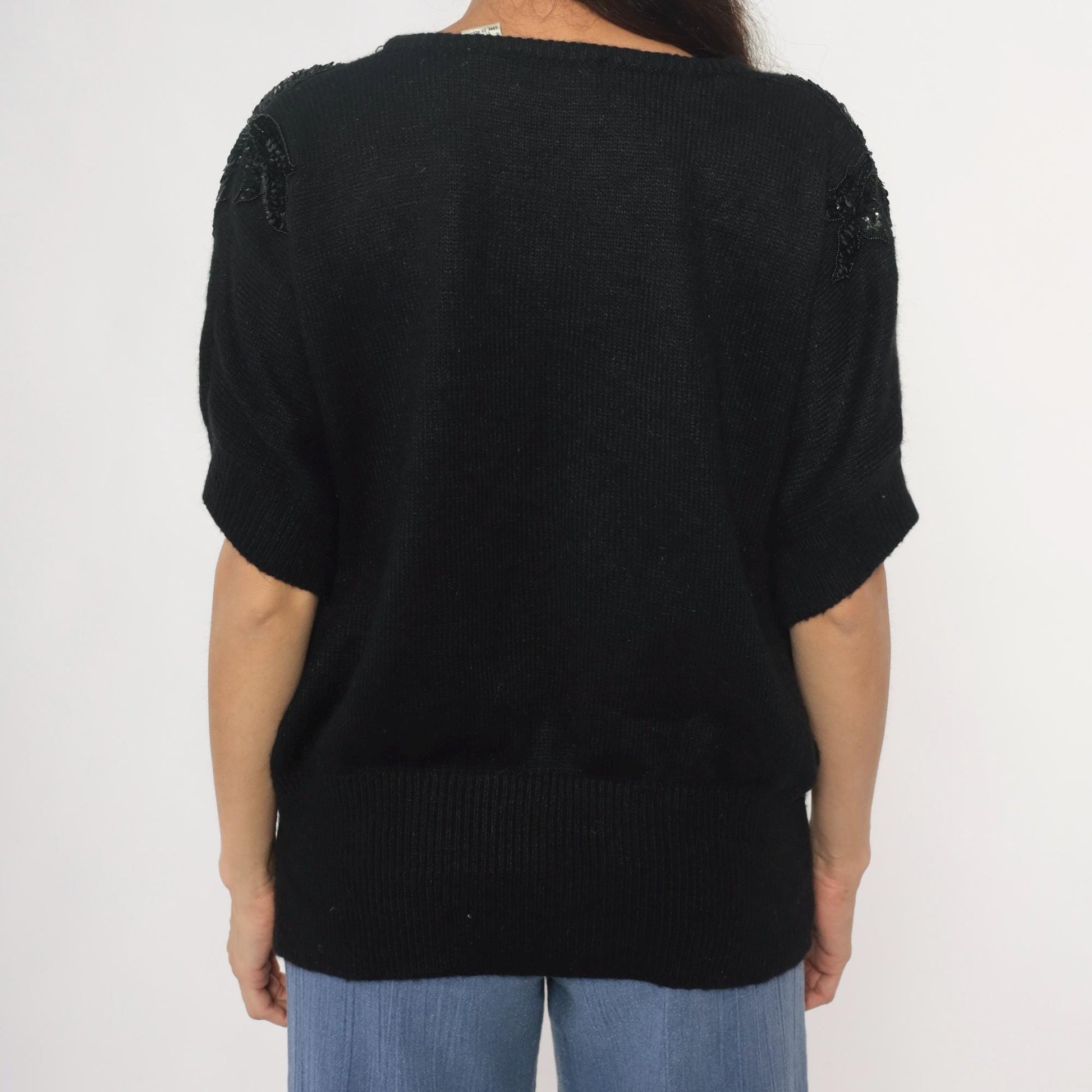 90s Justin B Jones Black Sequin Shoulder Knit Sweater Medium M