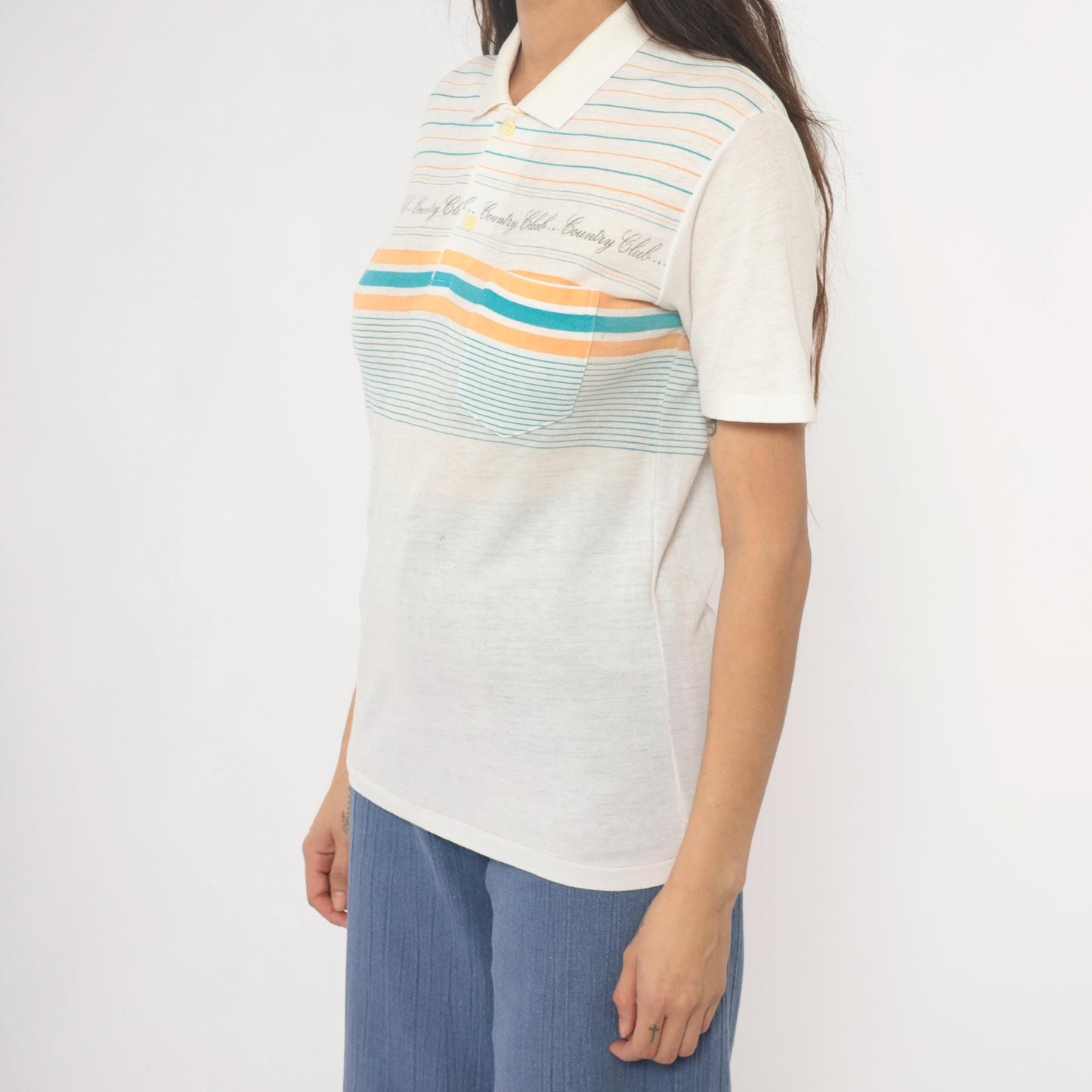 80s Country Club Polo Shirt Striped Cream Teal Peach Small