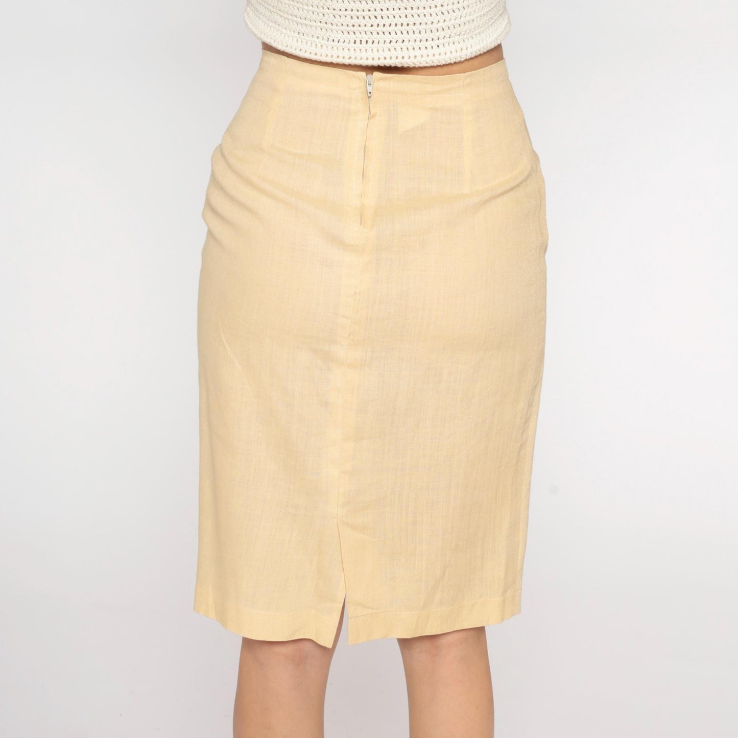80s Pale Yellow Pencil Skirt High Waist Linen Blend Medium