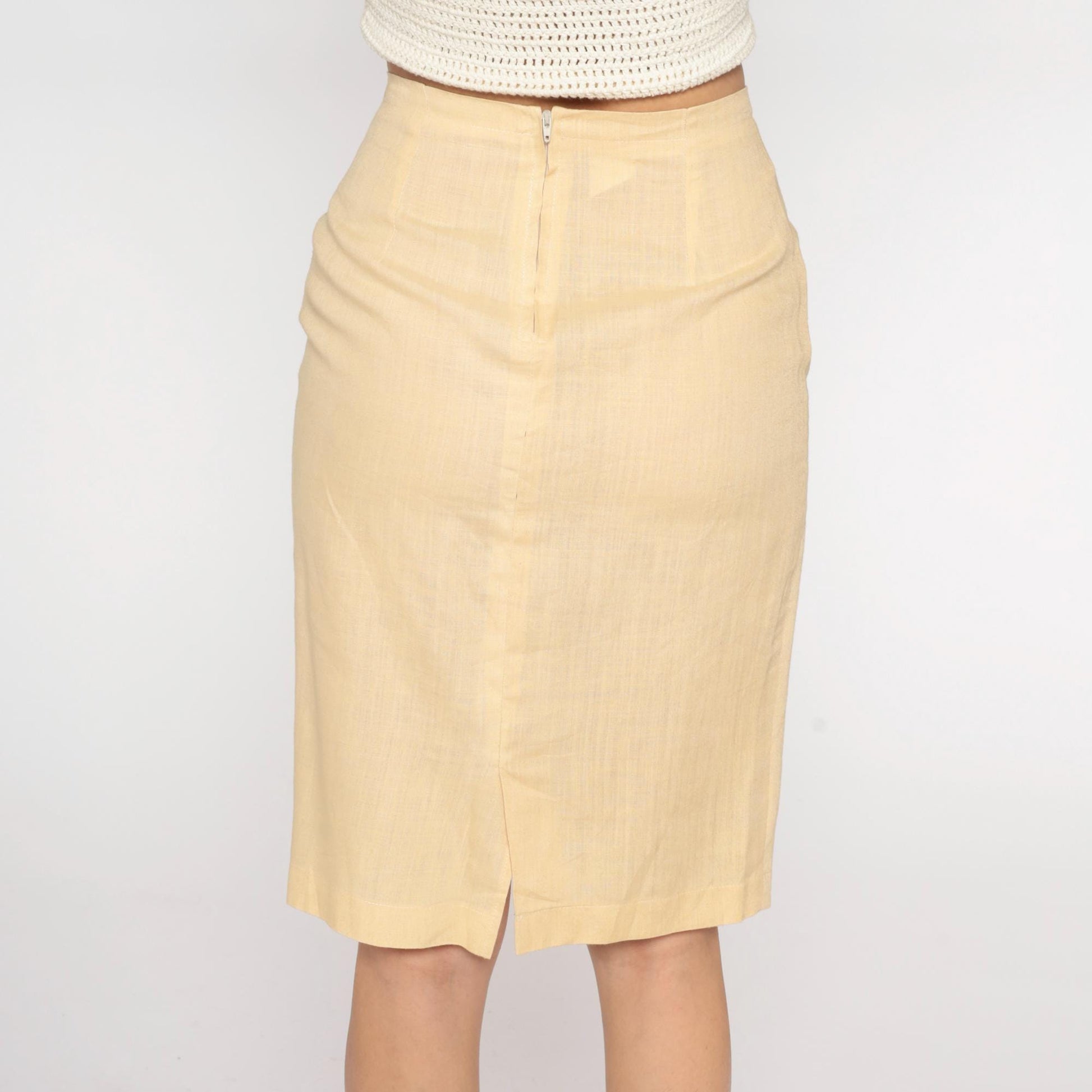 80s Pale Yellow Pencil Skirt High Waist Linen Blend Medium