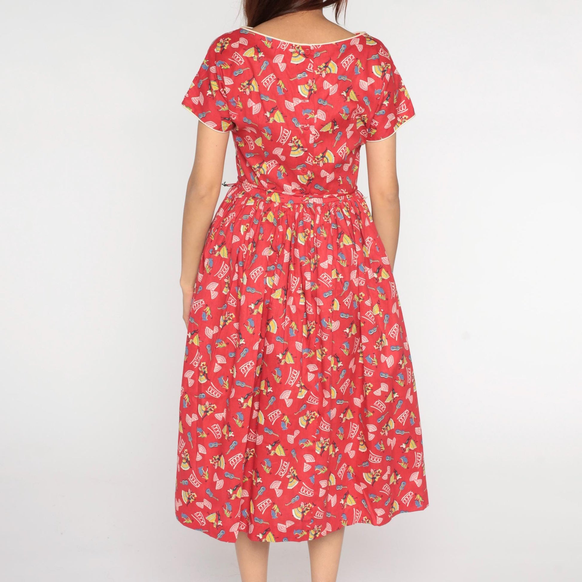 60s Red Novelty Print Dress Mexican Dancer Guitar Boat Neck Medium M
