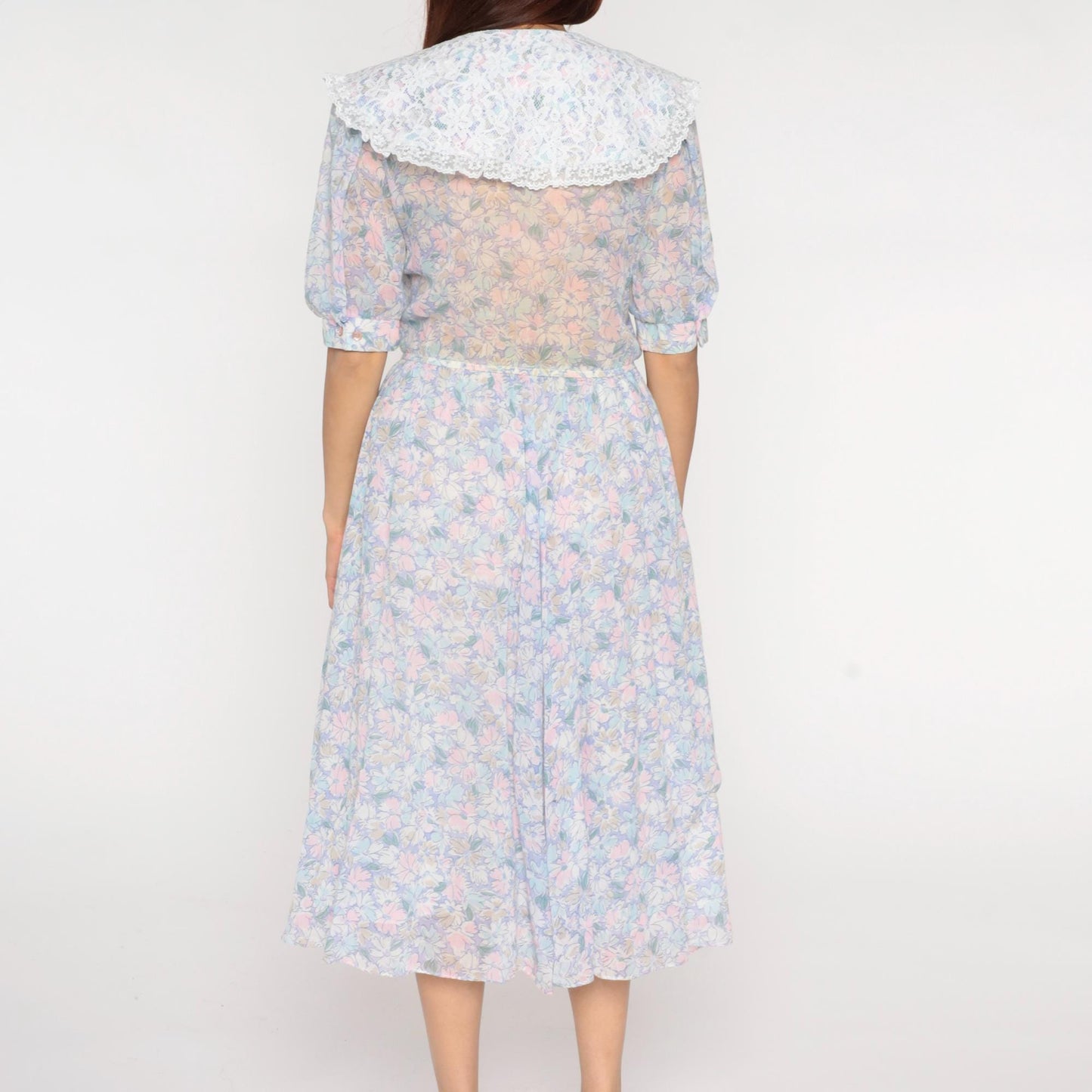 80s Act 1 Floral Midi Dress White Lace Collar Puff Sleeve Small