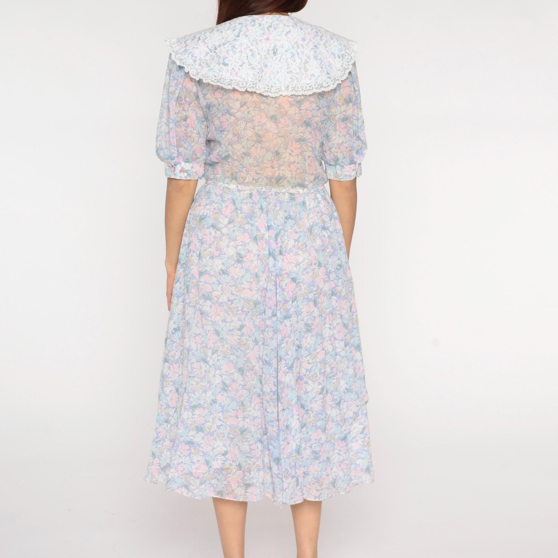 80s Act 1 Floral Midi Dress White Lace Collar Puff Sleeve Small