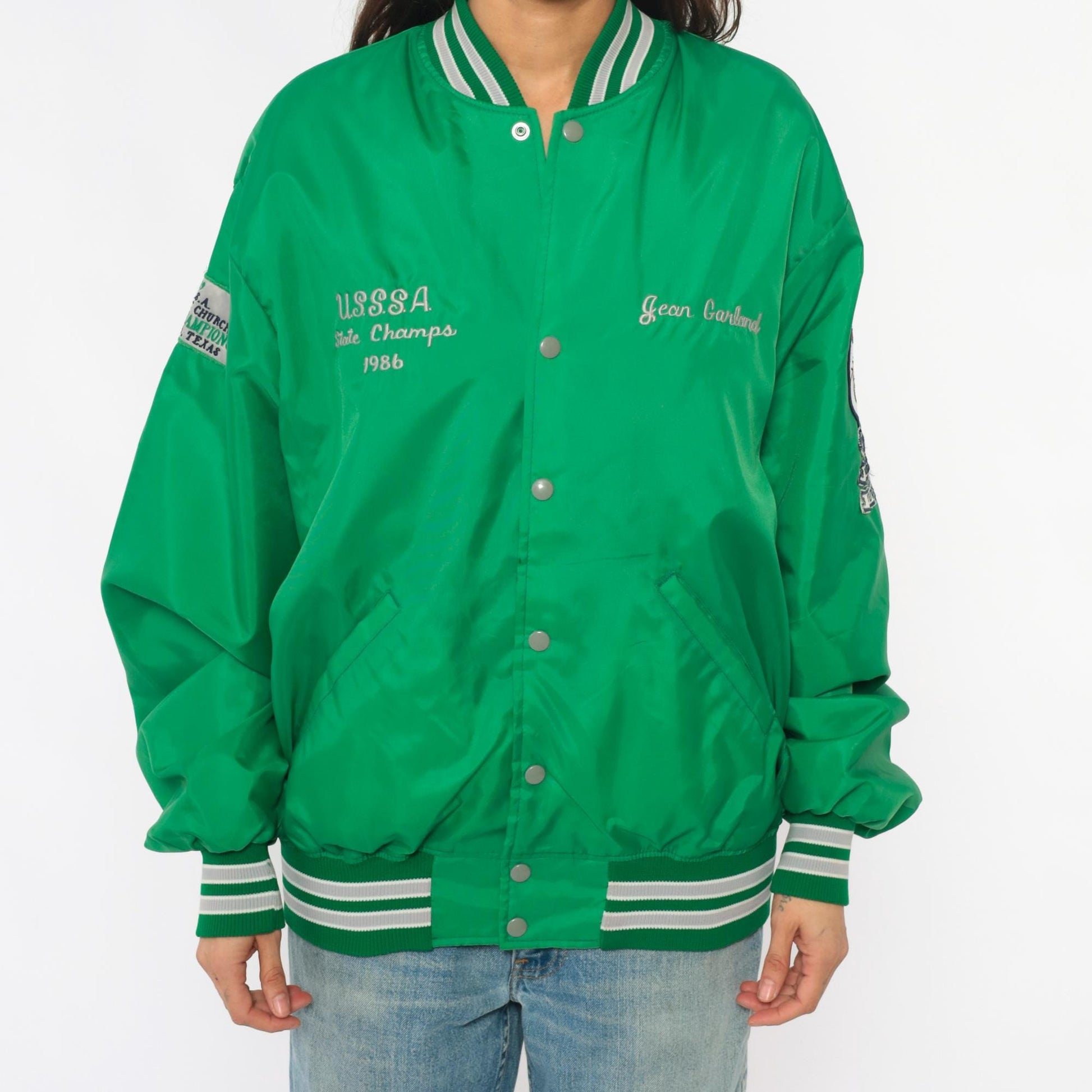80s Green Varsity Bomber Jacket Embroidered Patches Snap Front Extra Large XL