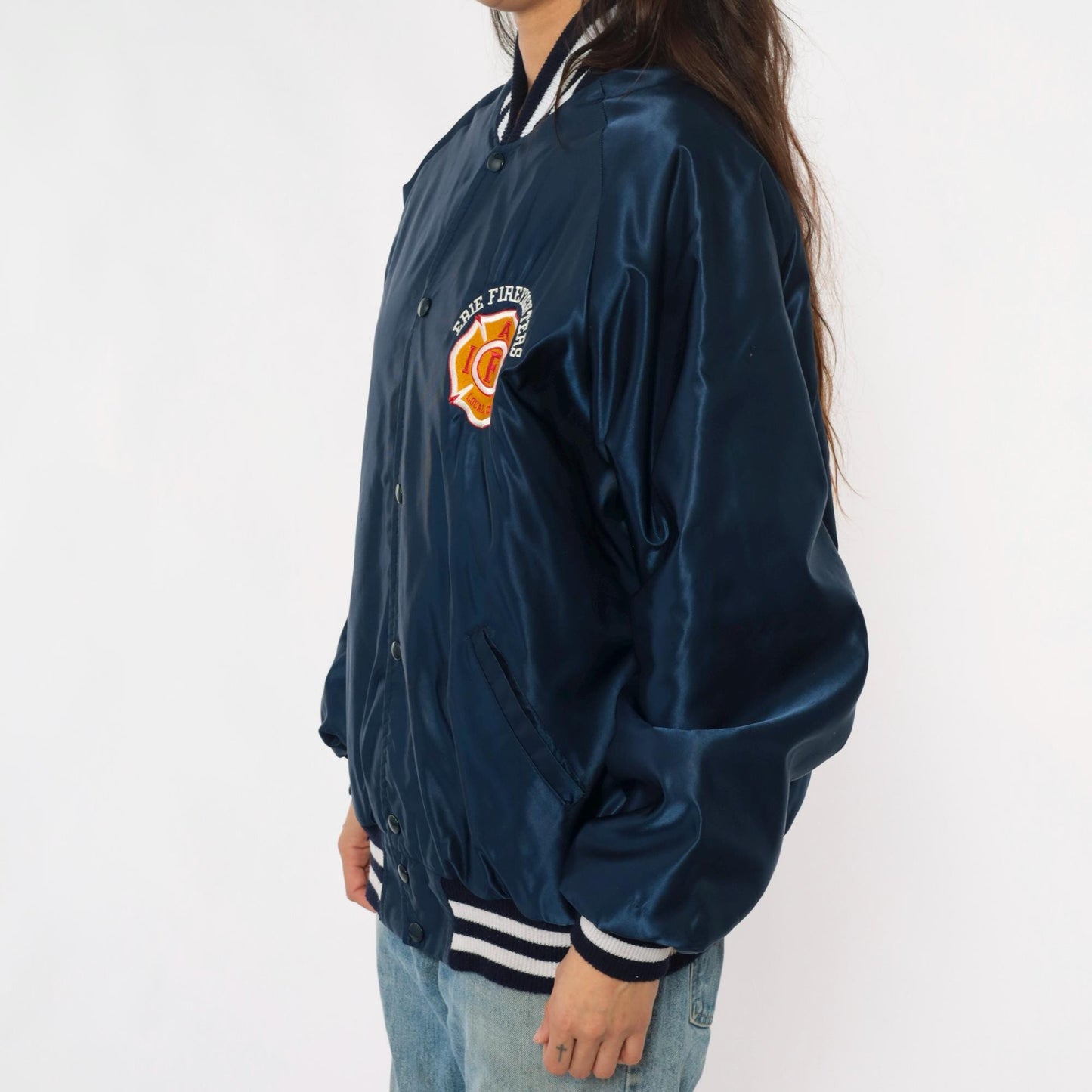 90s Erie Firefighters Navy Satin Bomber Jacket Embroidered Patch Extra Large XL