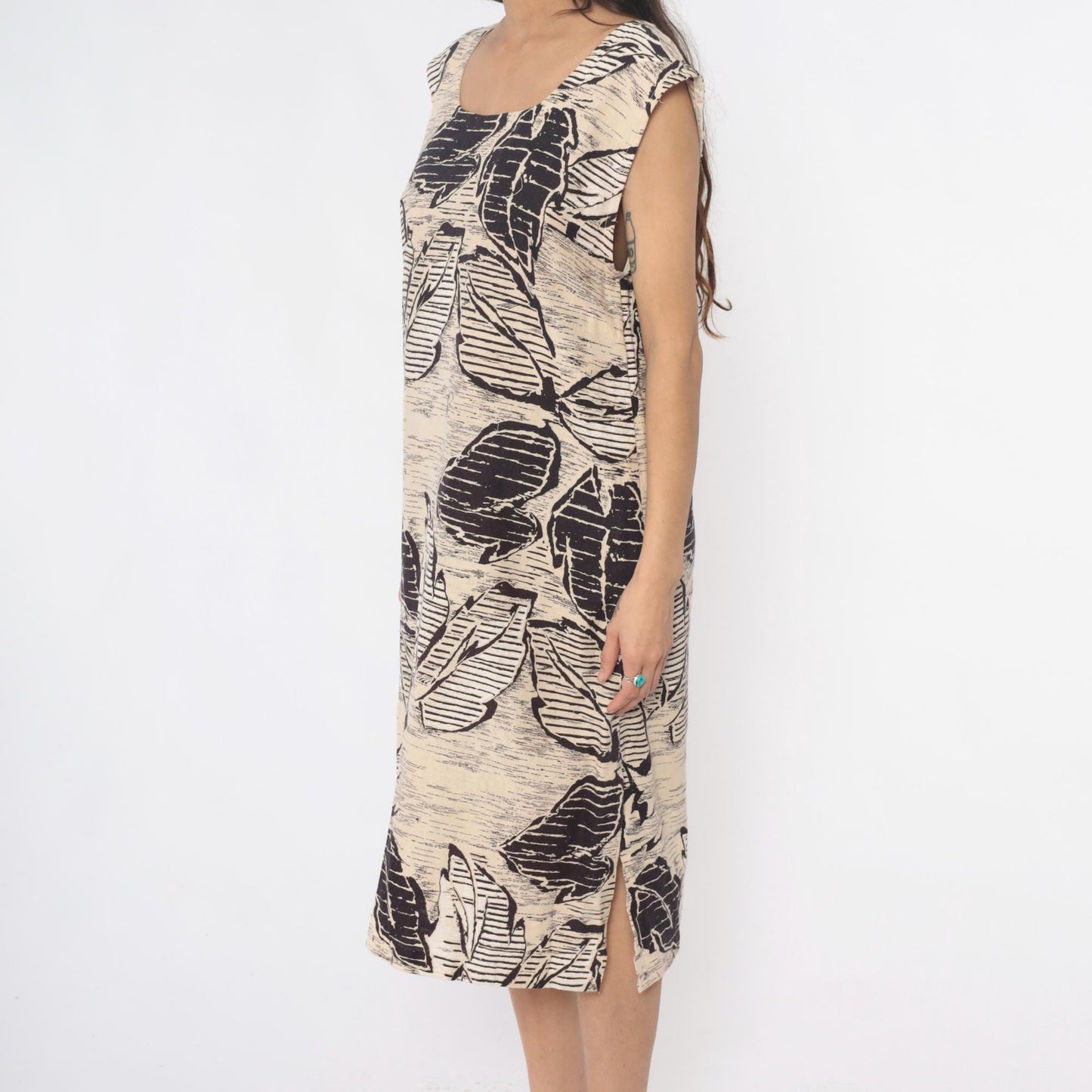70s Leaf Print Shift Dress Cream Black Botanical Sleeveless Large