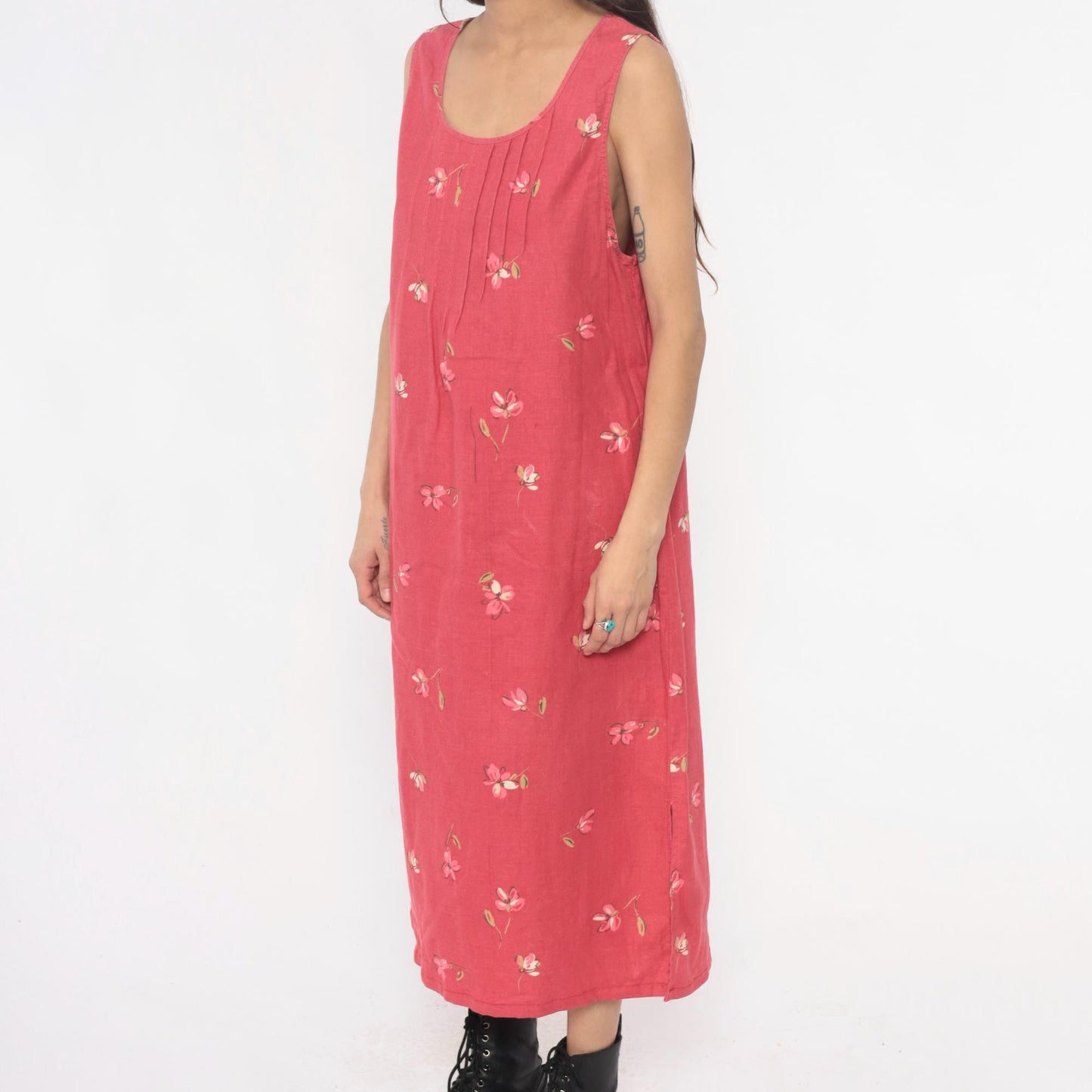 90s White Stag Floral Maxi Dress Pink Linen Cotton Blend Pintuck Medium M