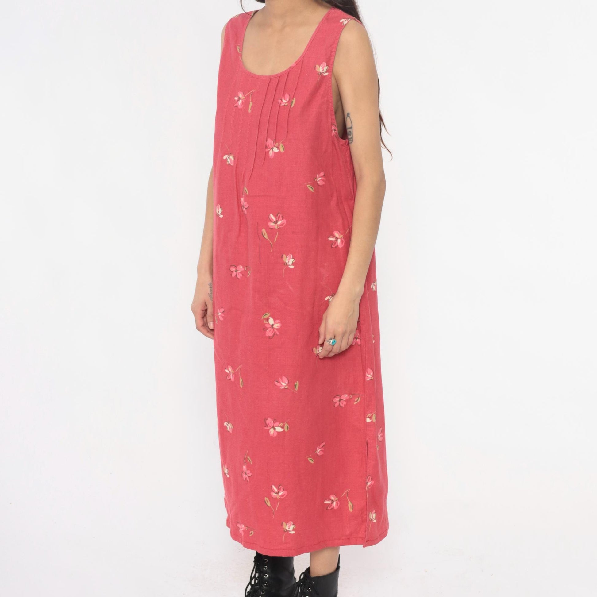 90s White Stag Floral Maxi Dress Pink Linen Cotton Blend Pintuck Medium M