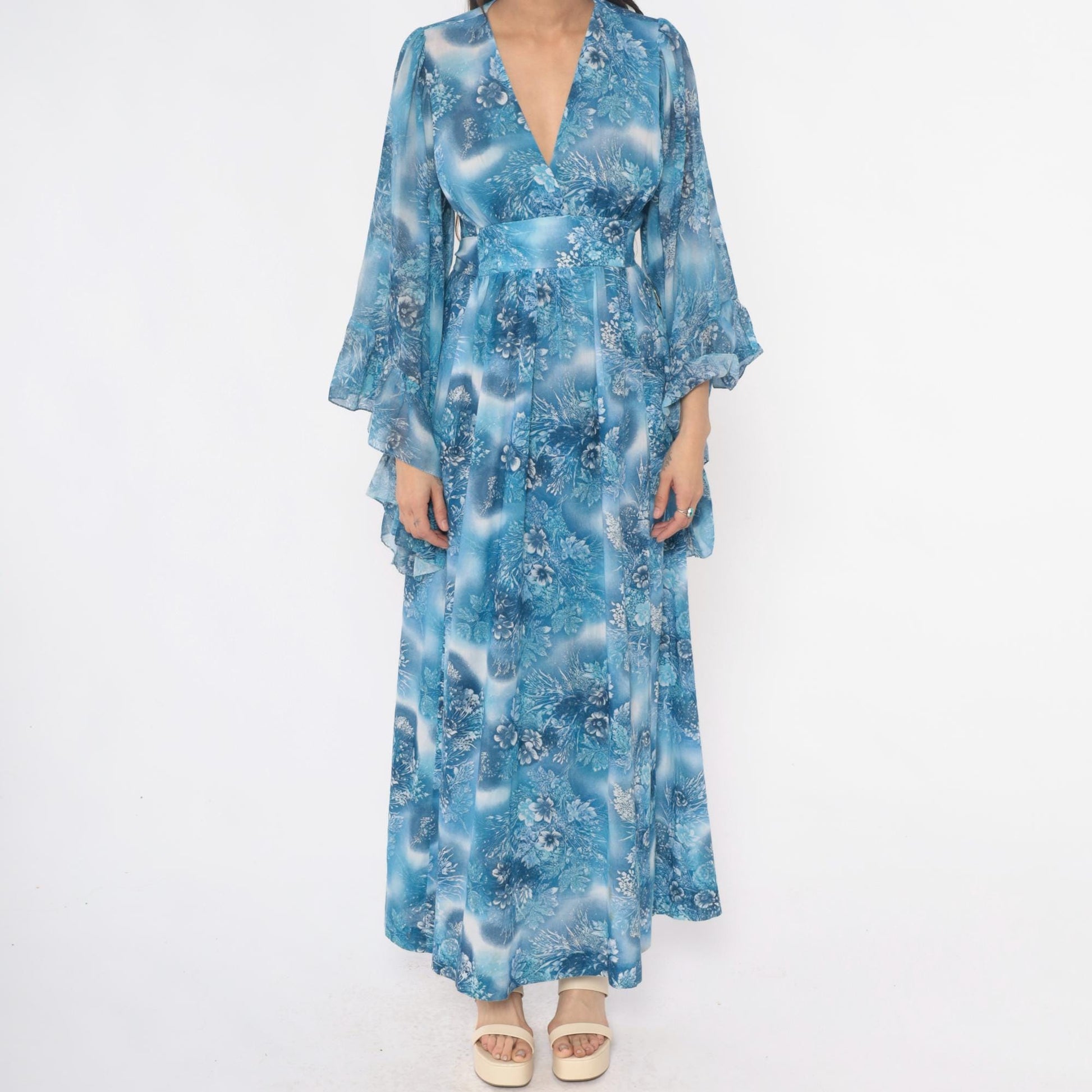 70s Blue Floral Angel Sleeve Maxi Dress Wrap Bodice Small Medium