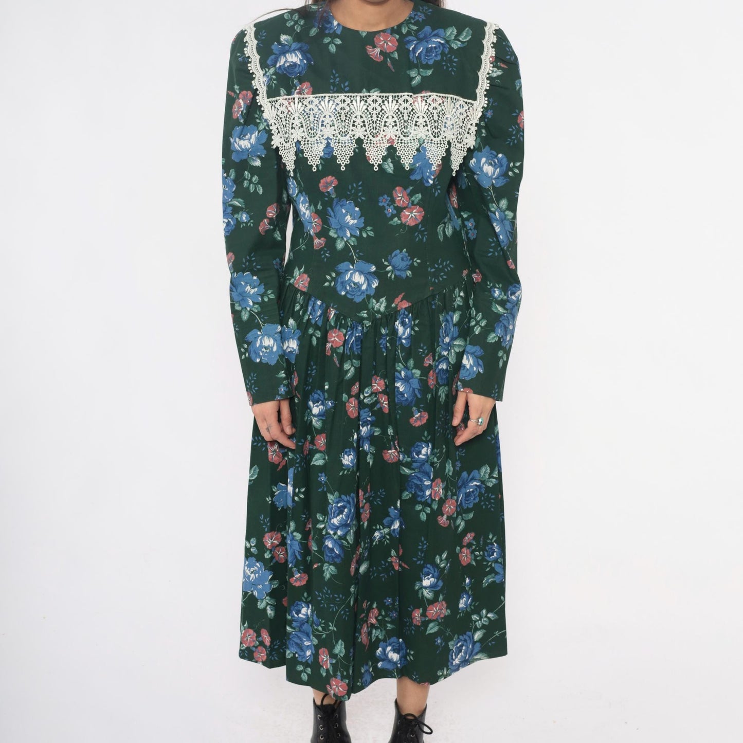 80s Jessica McClintock Gunne Sax Forest Green Floral Midi Dress Crochet Lace Medium M
