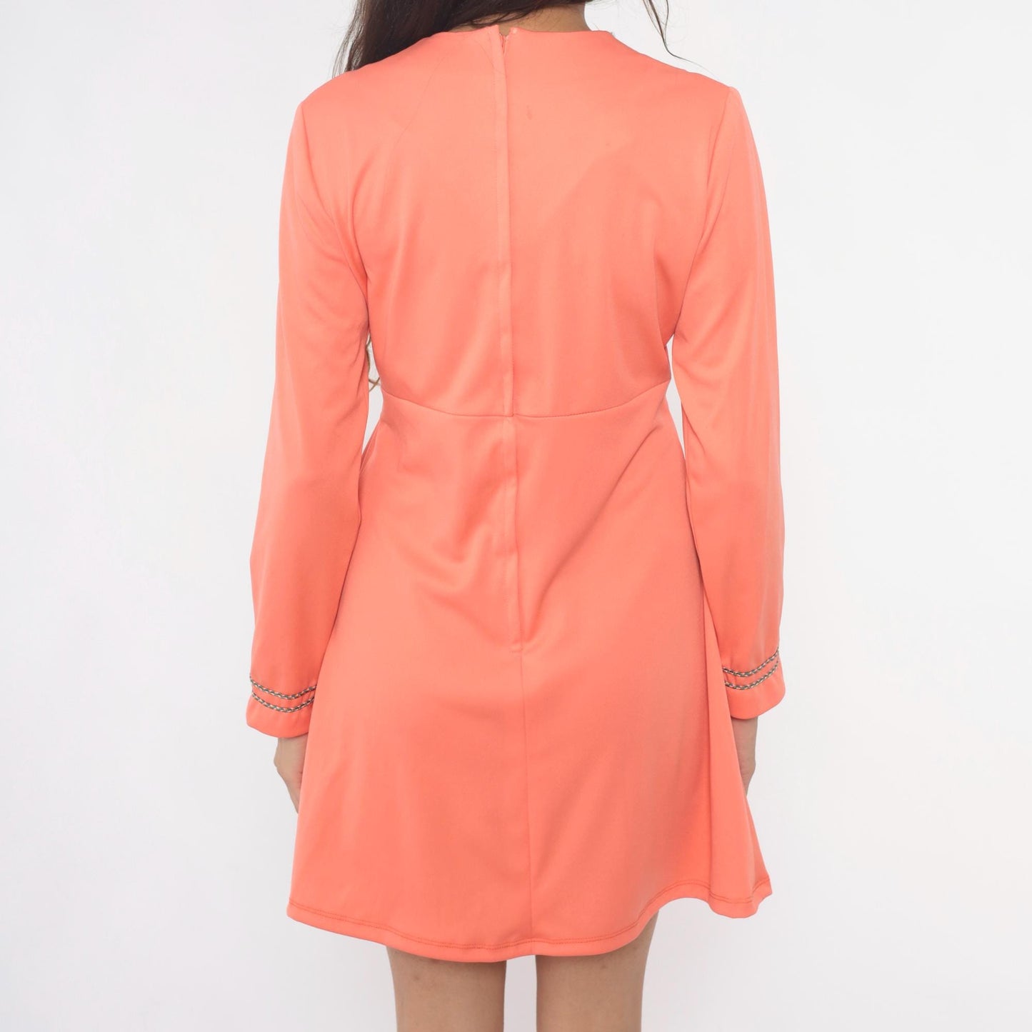 70s Coral Mini Dress Chain Trim V-Neck Long Sleeve Shift Dress Large