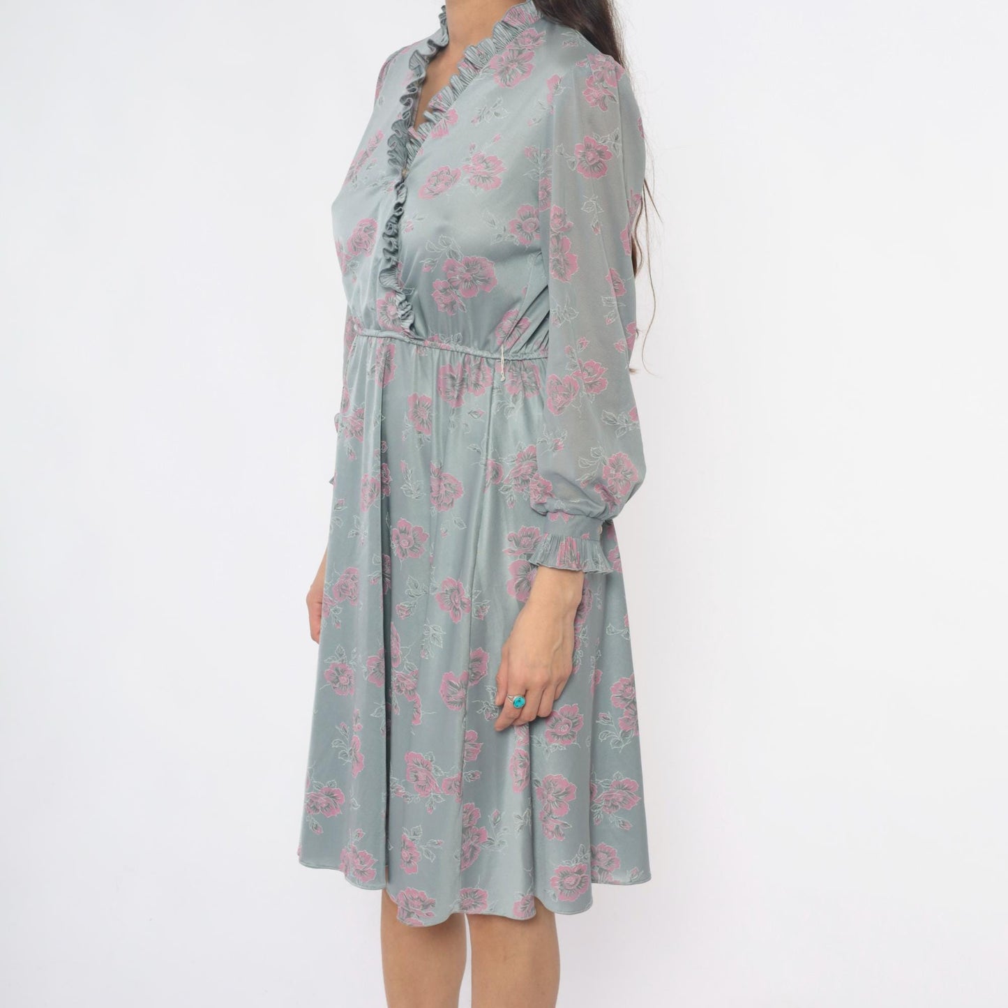 70s Floral Dress Silver Pink Long Sleeve Ruffle V-Neck Pleated Midi Small