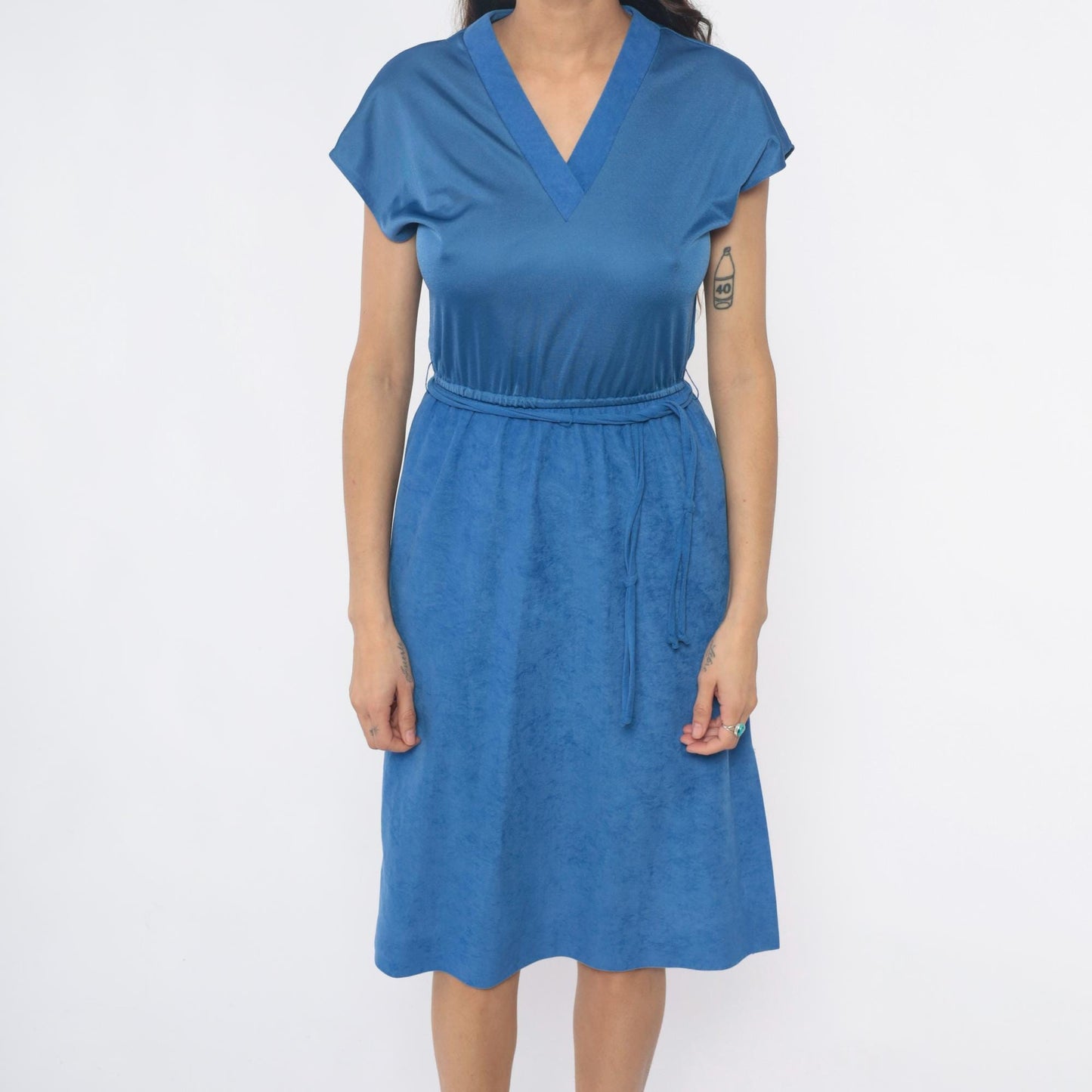 80s Gail Gray Periwinkle Midi Wrap Dress V-Neck Belted Small