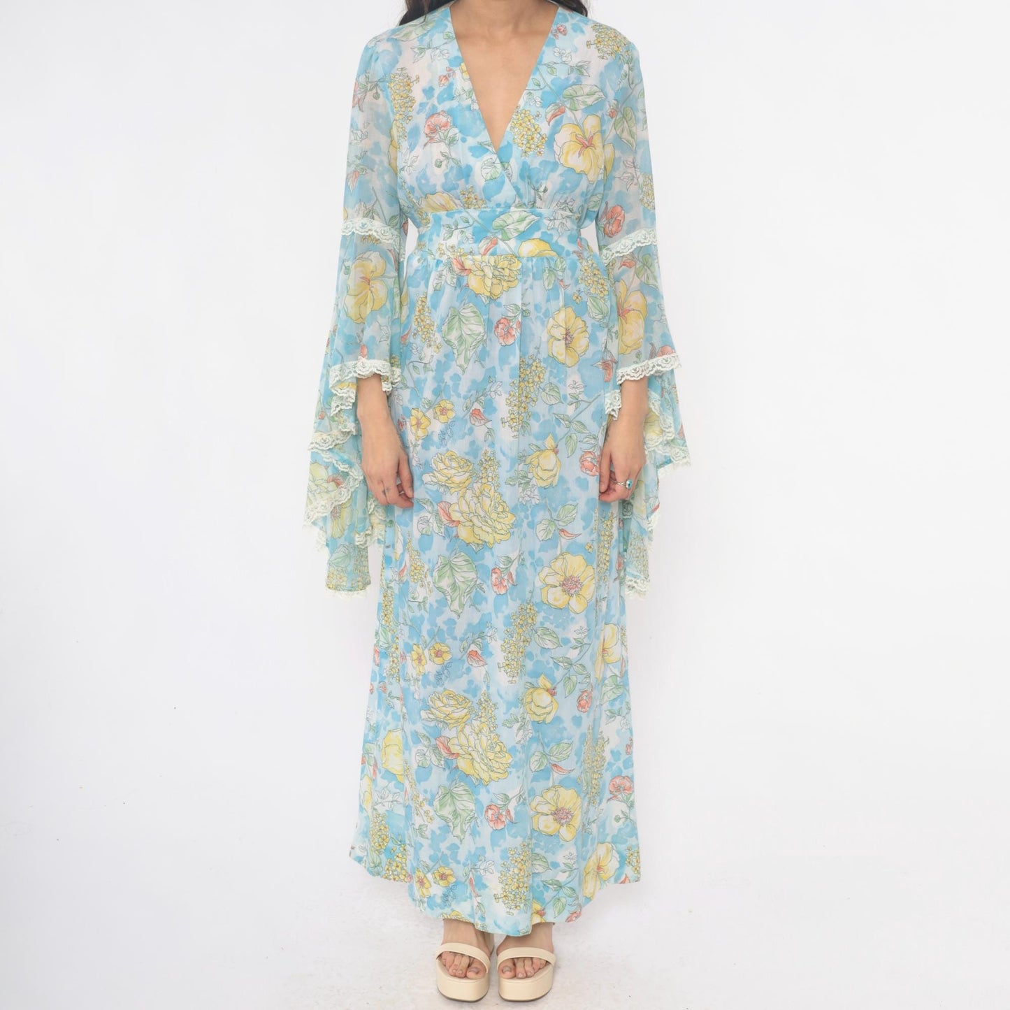 70s Light Blue Floral Maxi Dress Bell Sleeve Wrap Tie Waist Lace Trim Small Medium