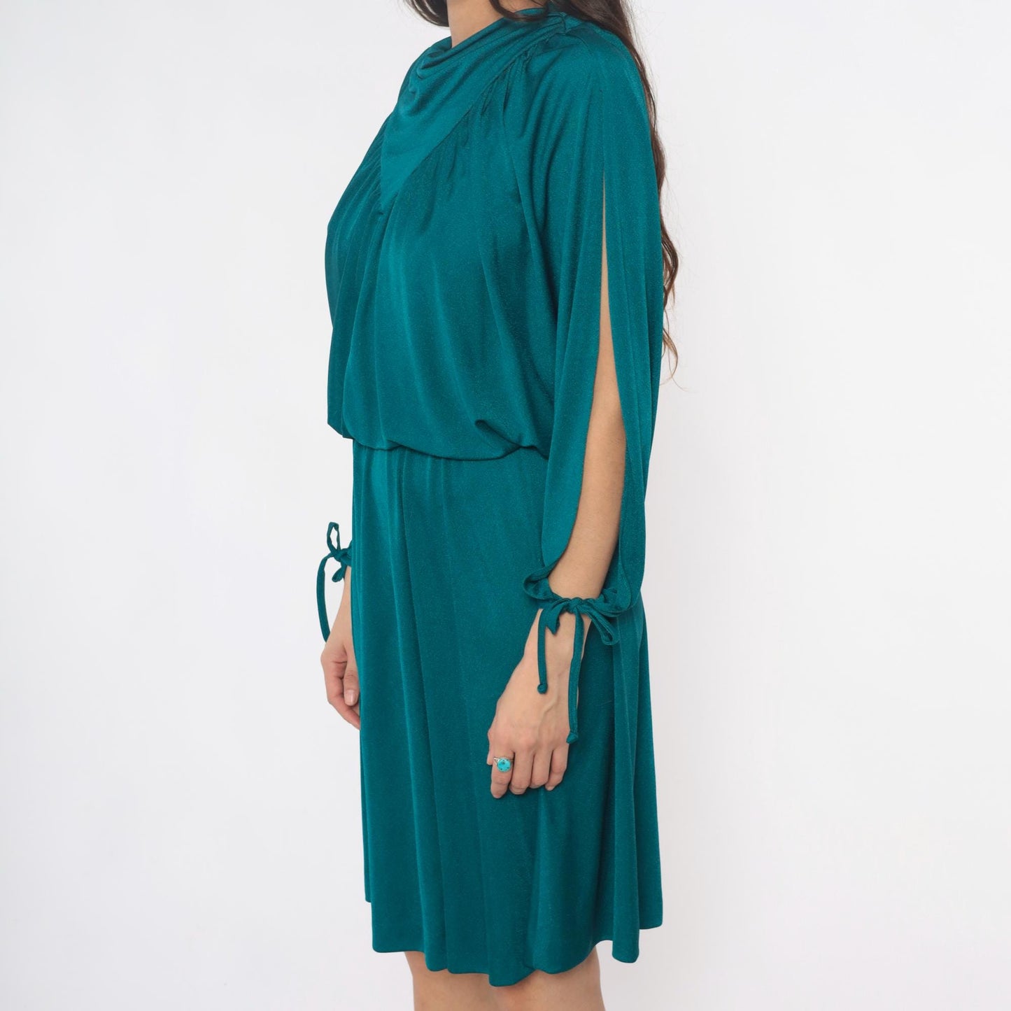 80s Teal Cowl Neck Dress Draped Split Sleeve Knee-Length Small Medium