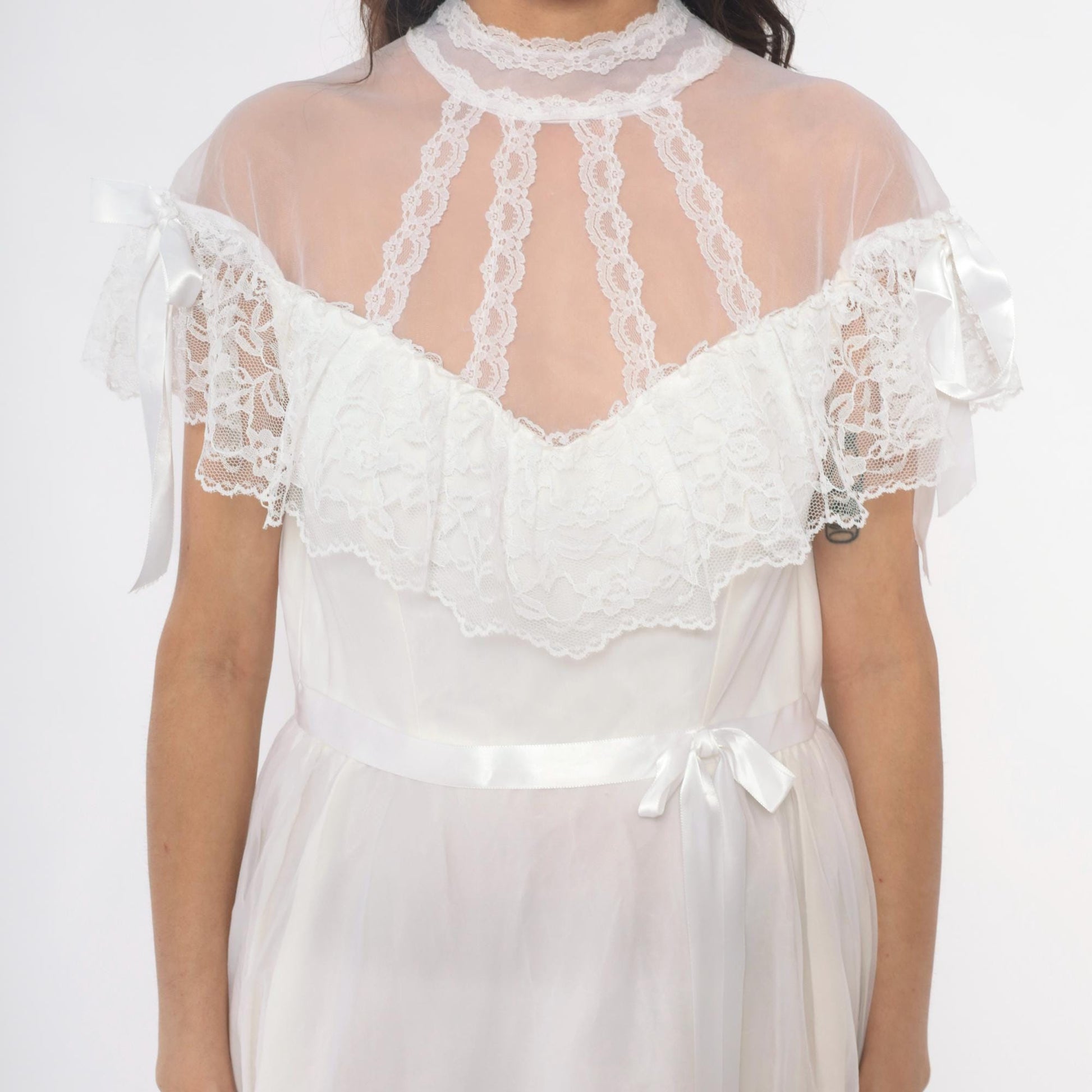 80s White Lace Maxi Nightgown Sheer High Neck Satin Ribbon Medium
