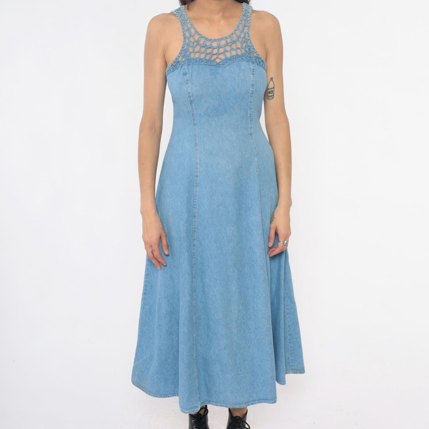 90s Jody California Denim Maxi Dress Light Blue Crochet Lace-Up Racerback Small