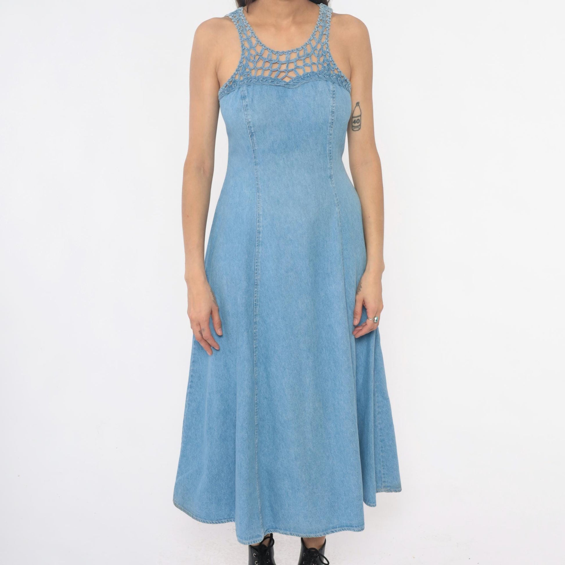 90s Jody California Denim Maxi Dress Light Blue Crochet Lace-Up Racerback Small