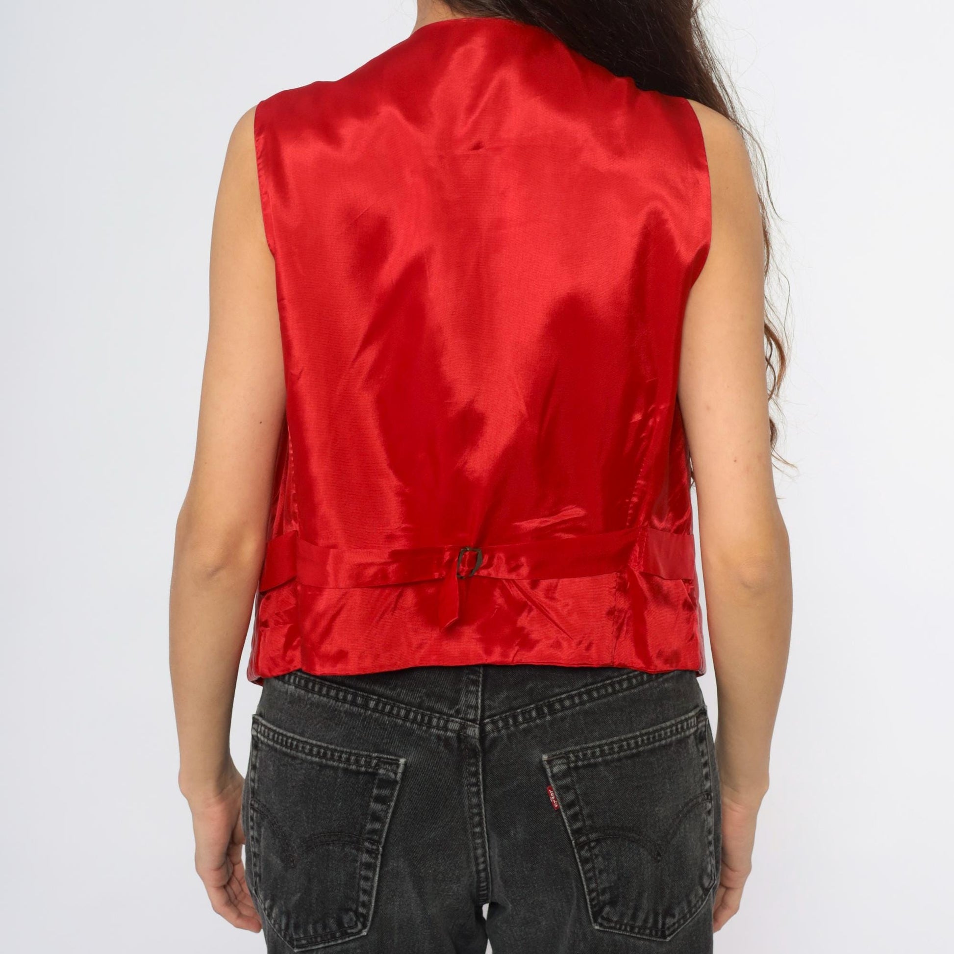 90s Red Leather Quilted Diamond Vest Adjustable Medium M