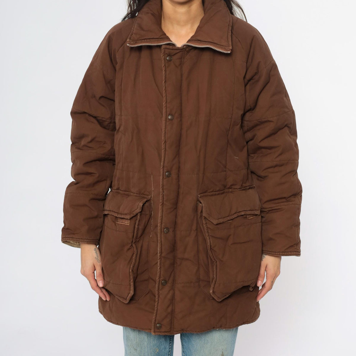 80s REI Brown Quilted Puffer Jacket Corduroy Collar Zip Large
