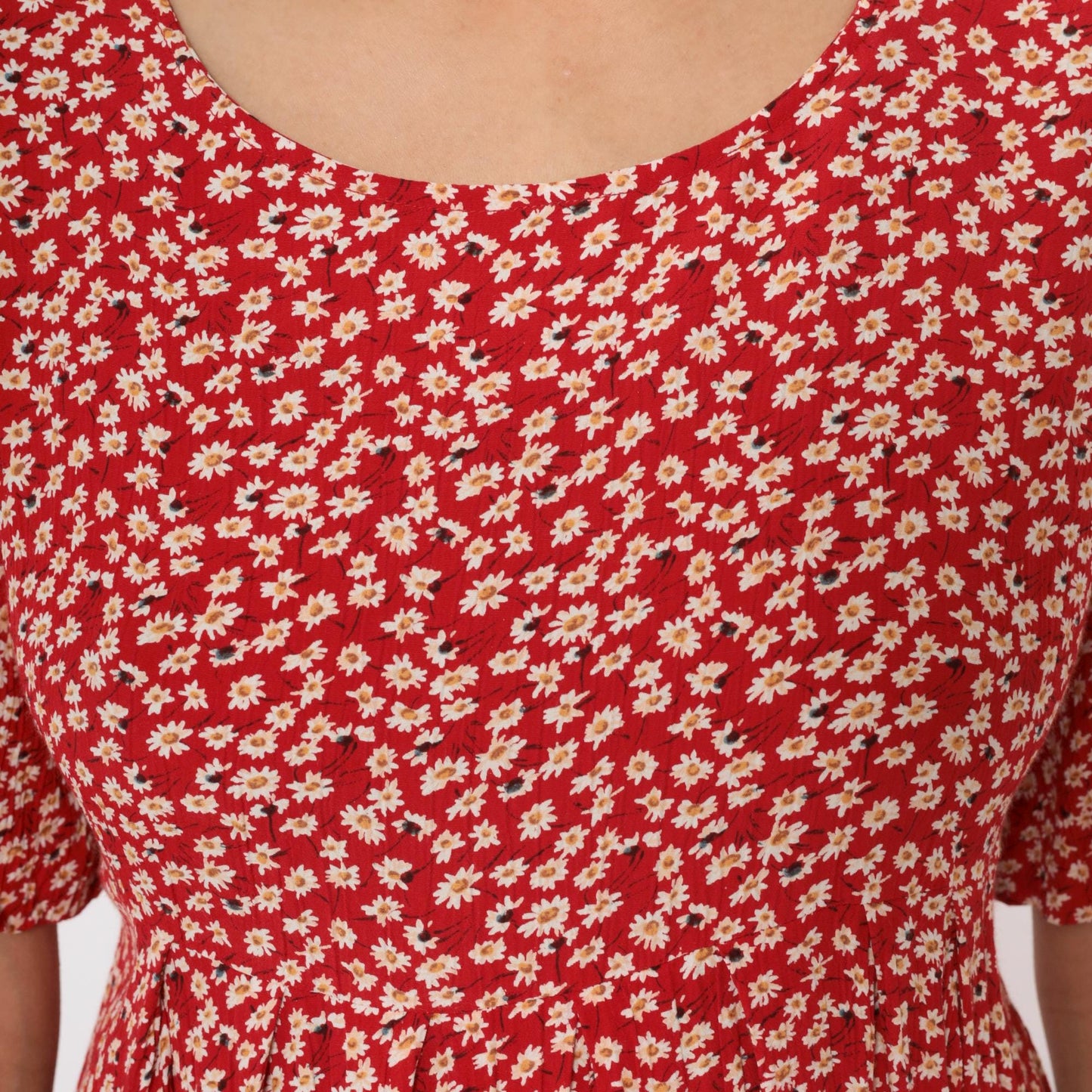 90s Red Daisy Mini Dress Rayon A-Line Scoop Neck Short Sleeve Medium M
