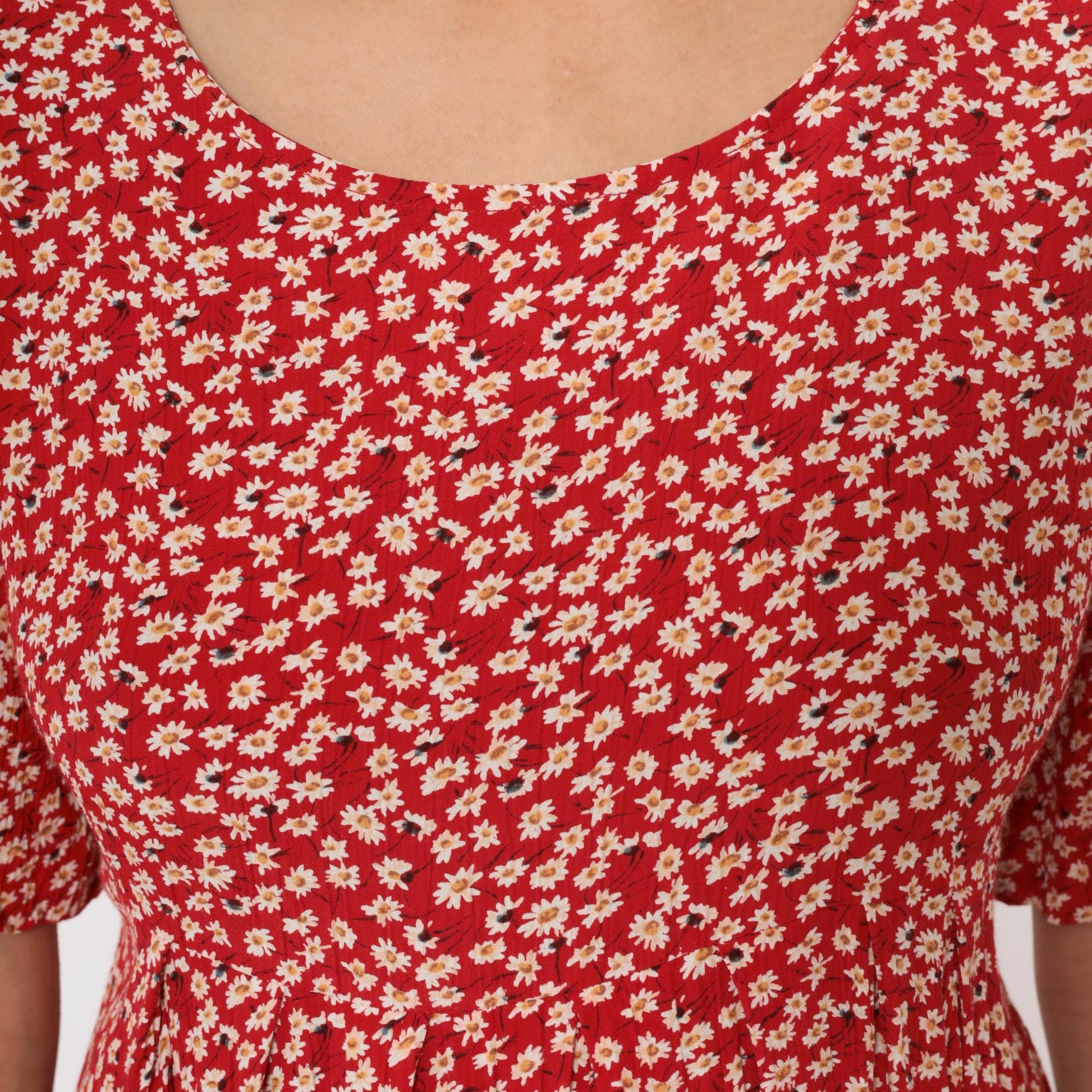 90s Red Daisy Mini Dress Rayon A-Line Scoop Neck Short Sleeve Medium M