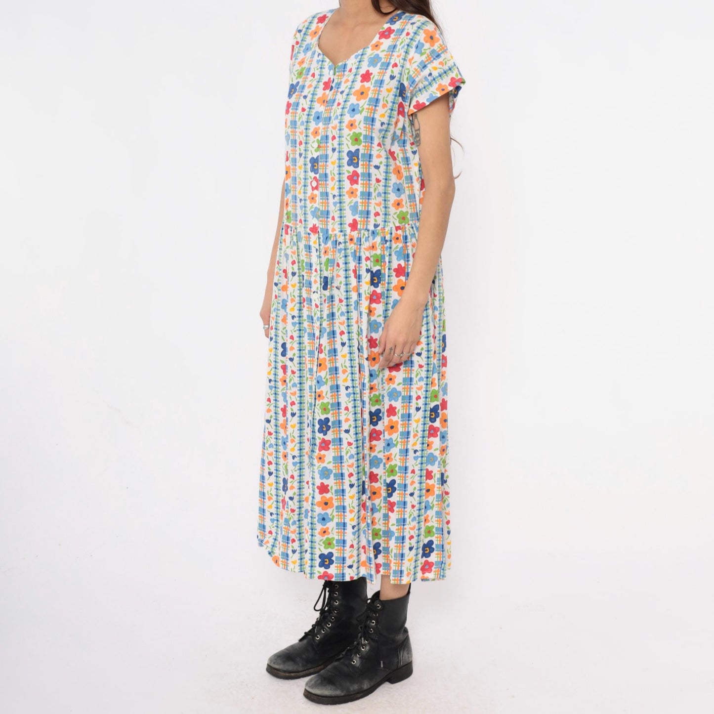 80s Chandni Floral Maxi Dress Button Front Drop Waist Multicolor Large L