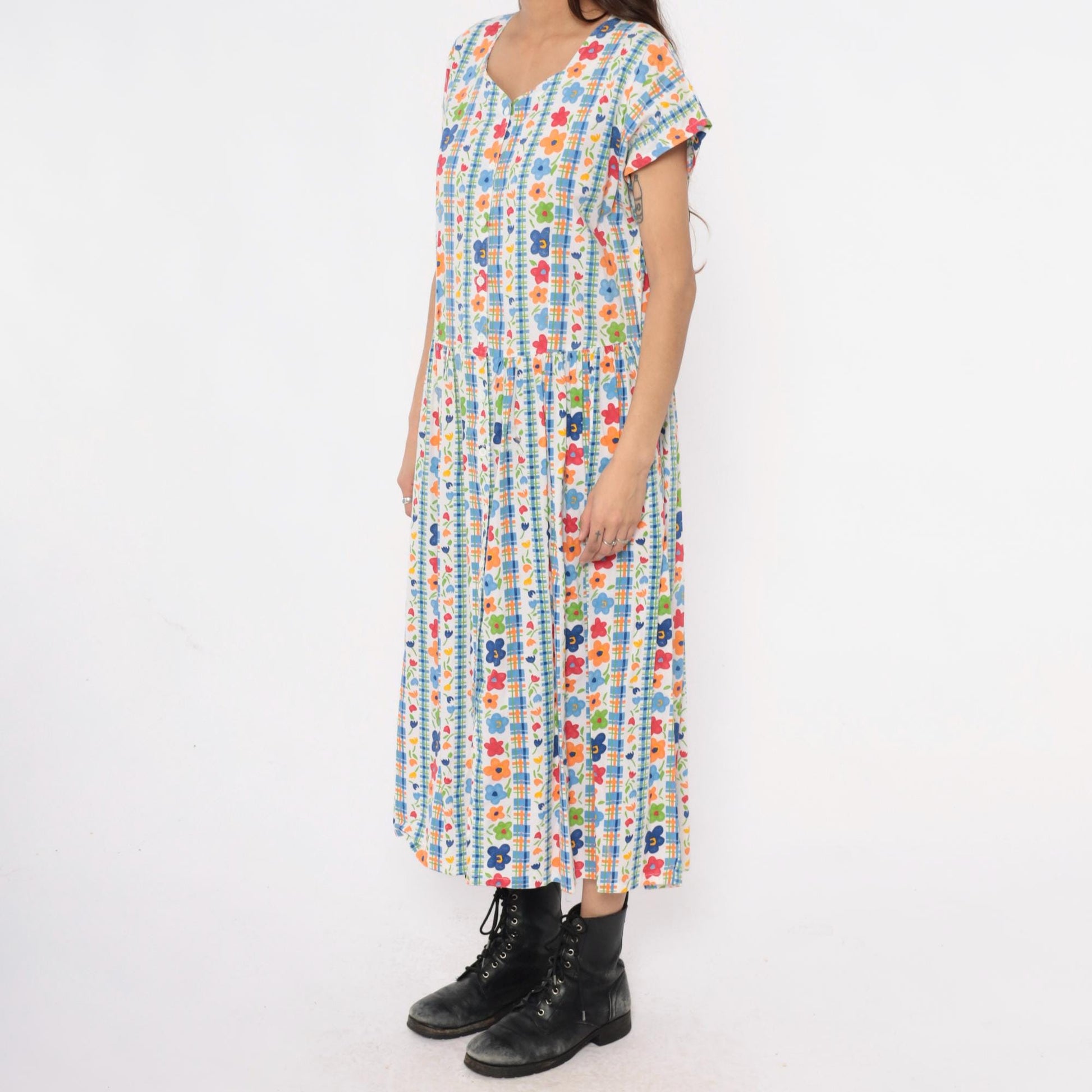 80s Chandni Floral Maxi Dress Button Front Drop Waist Multicolor Large L