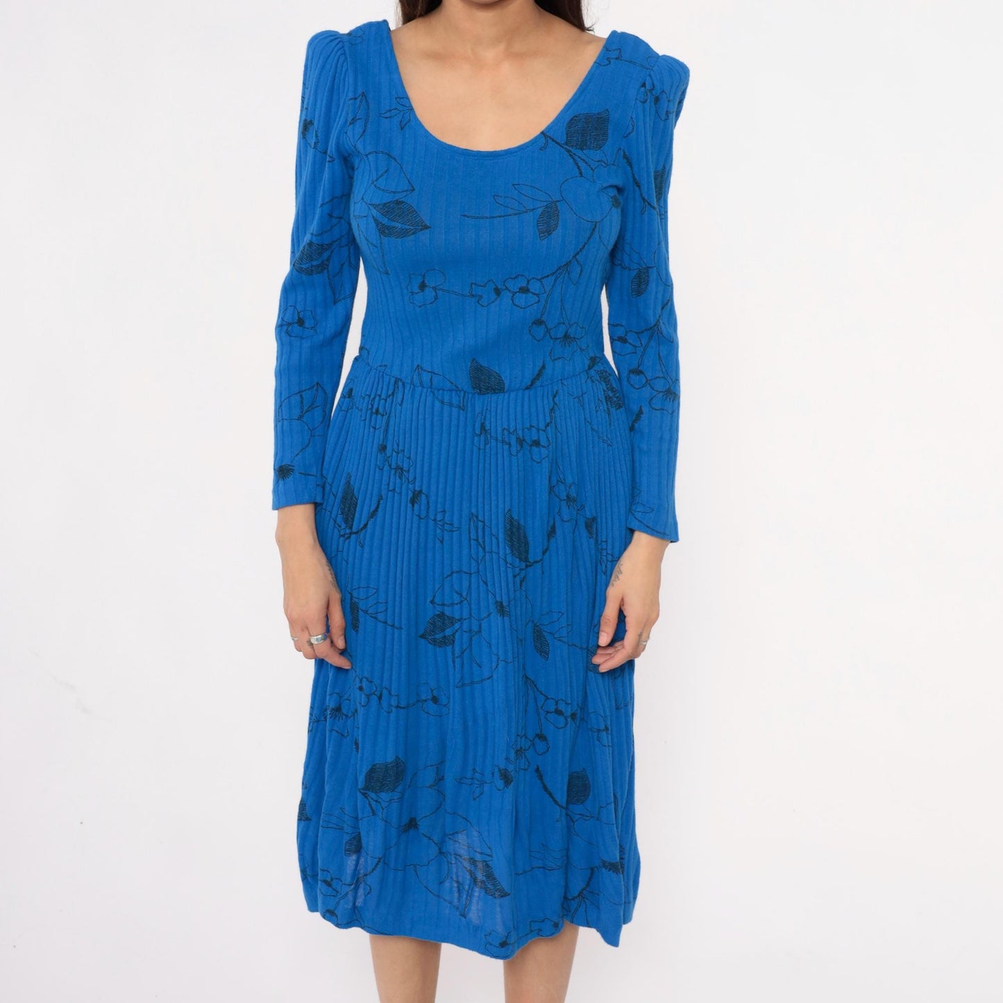 80s Blue Floral Midi Dress Gathered Shoulder Scoop Neckline Small