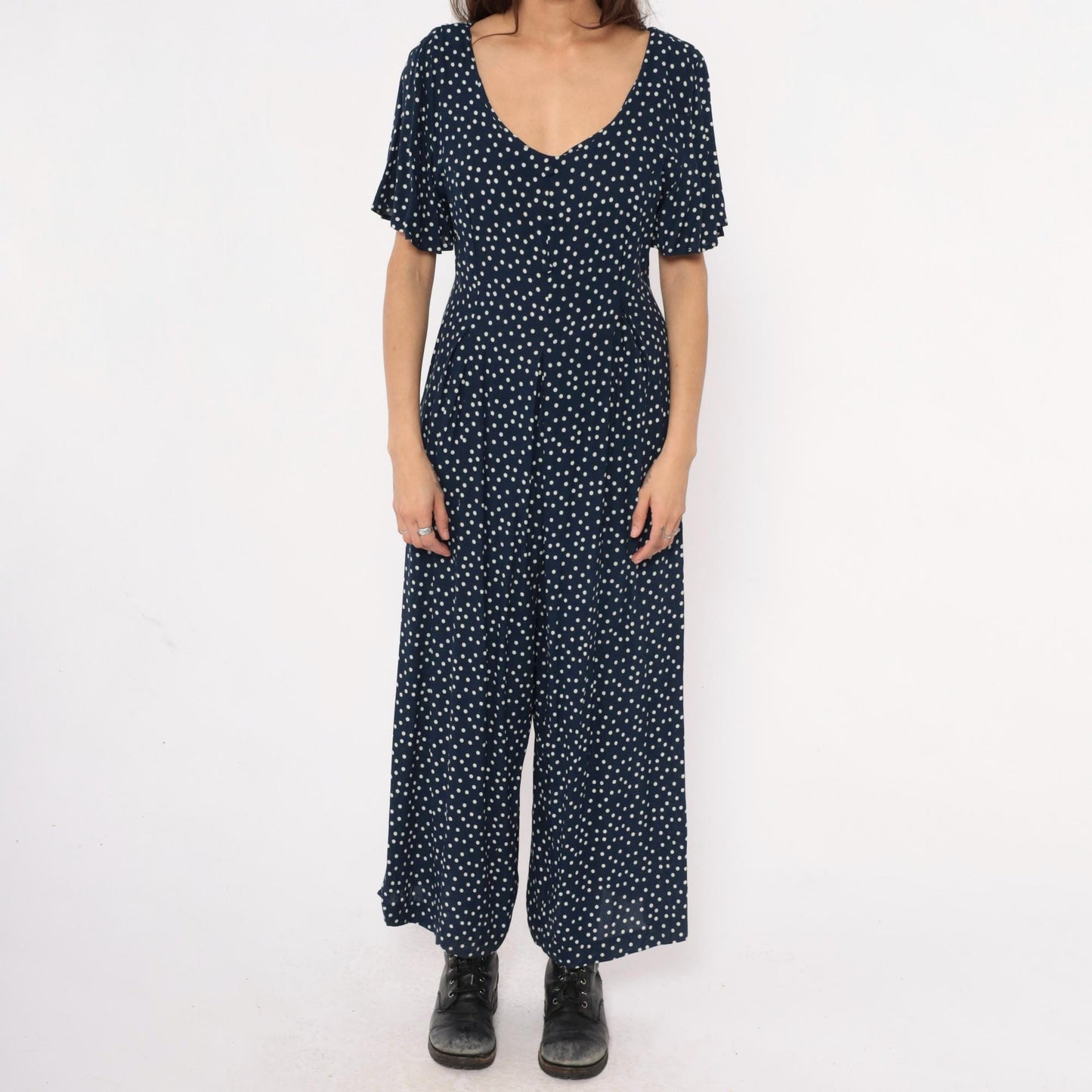 90s Navy Polka Dot Jumpsuit Wide Leg Rayon V-Neck Flutter Sleeve Large L