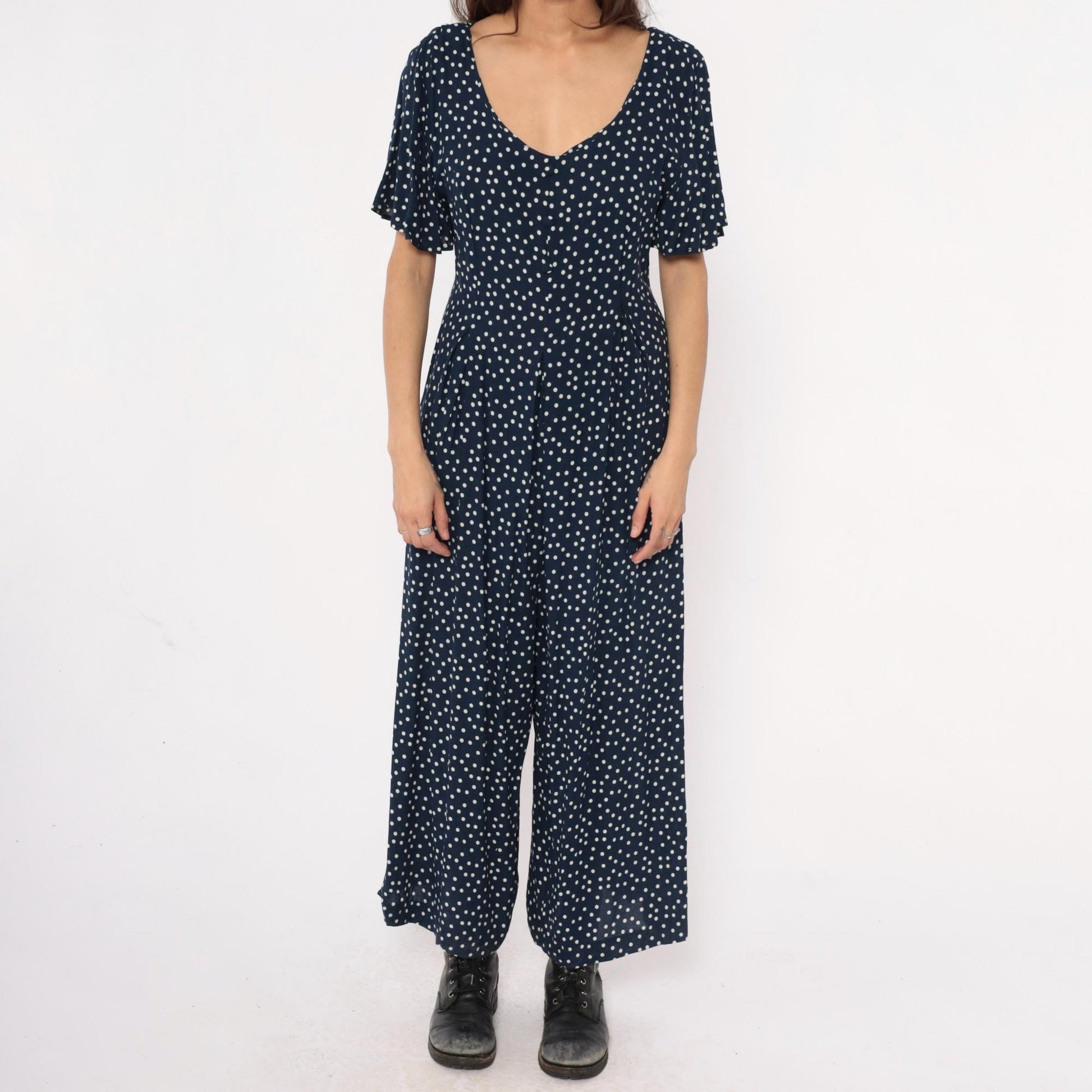 90s Navy Polka Dot Jumpsuit Wide Leg Rayon V-Neck Flutter Sleeve Large L