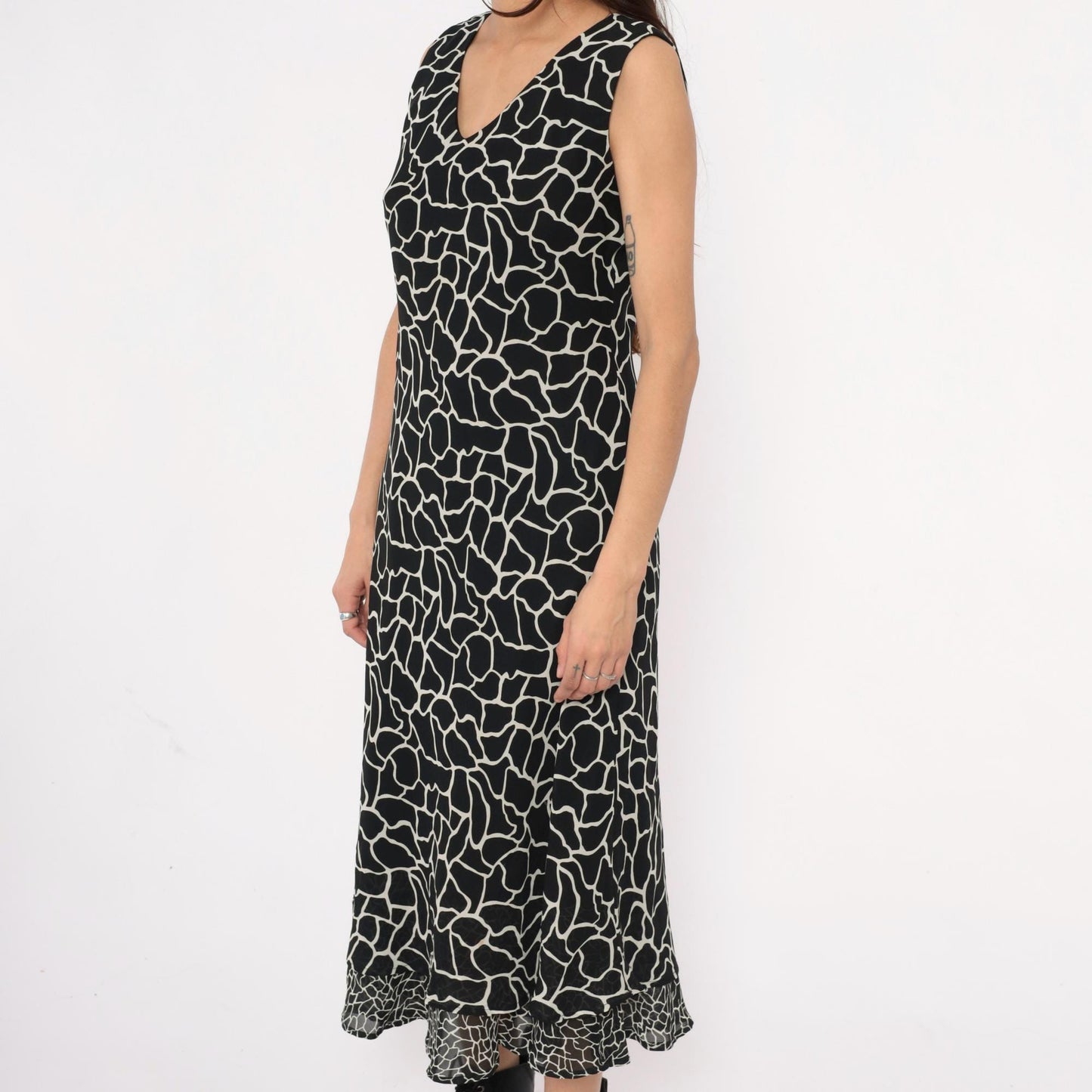 90s Jessica Howard Giraffe Print Maxi Dress Black White Sleeveless Medium