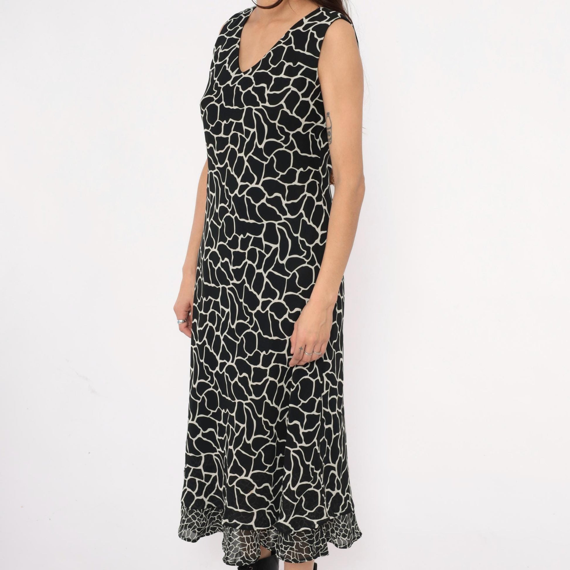 90s Jessica Howard Giraffe Print Maxi Dress Black White Sleeveless Medium