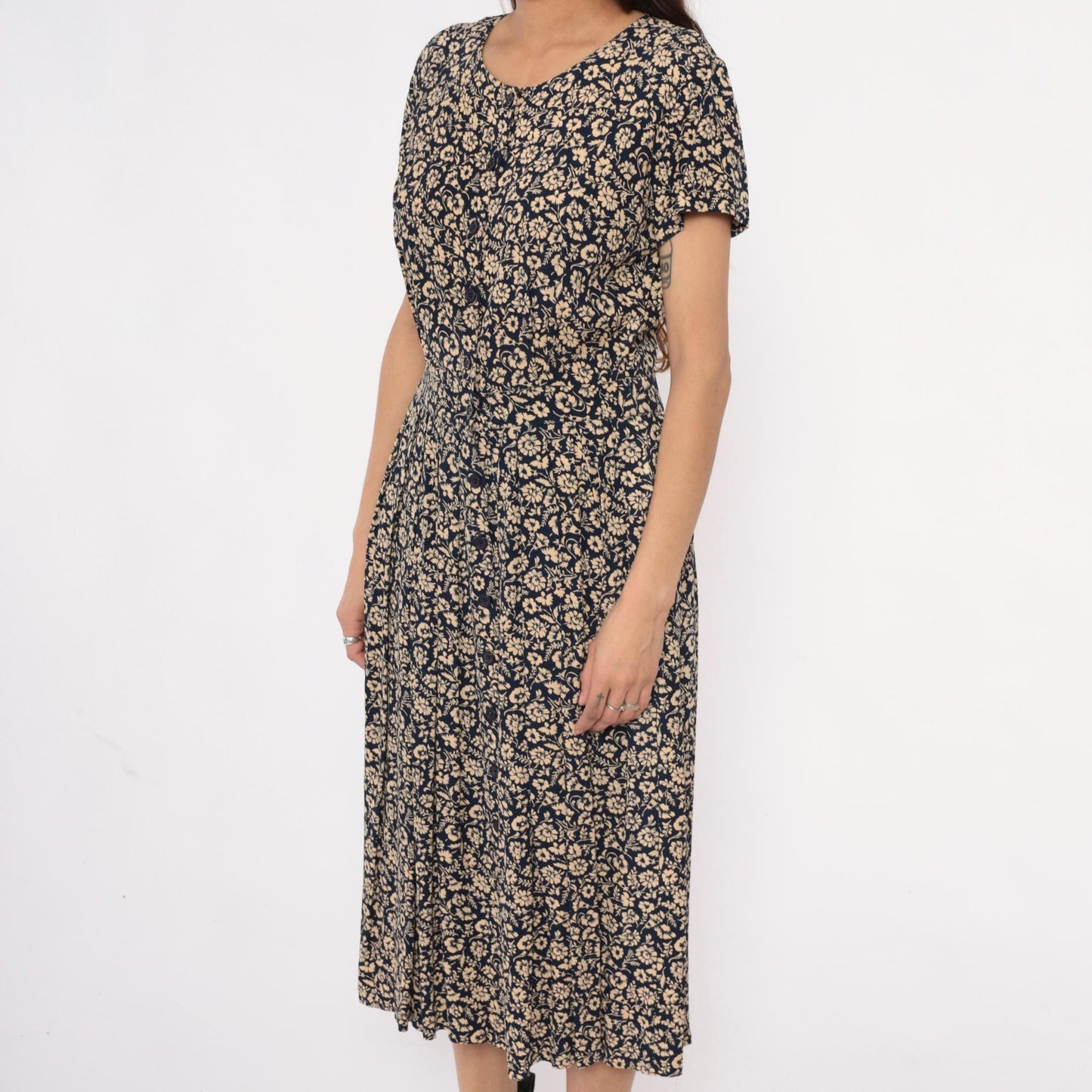 90s Liz Claiborne Floral Midi Dress Navy Cream Short Sleeve Medium