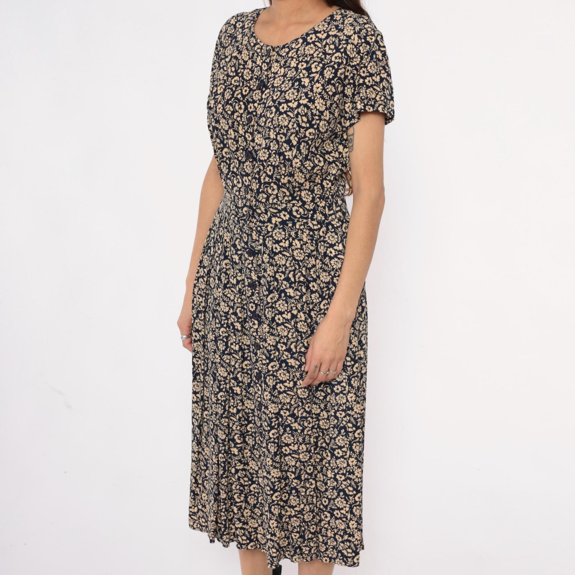 90s Liz Claiborne Floral Midi Dress Navy Cream Short Sleeve Medium