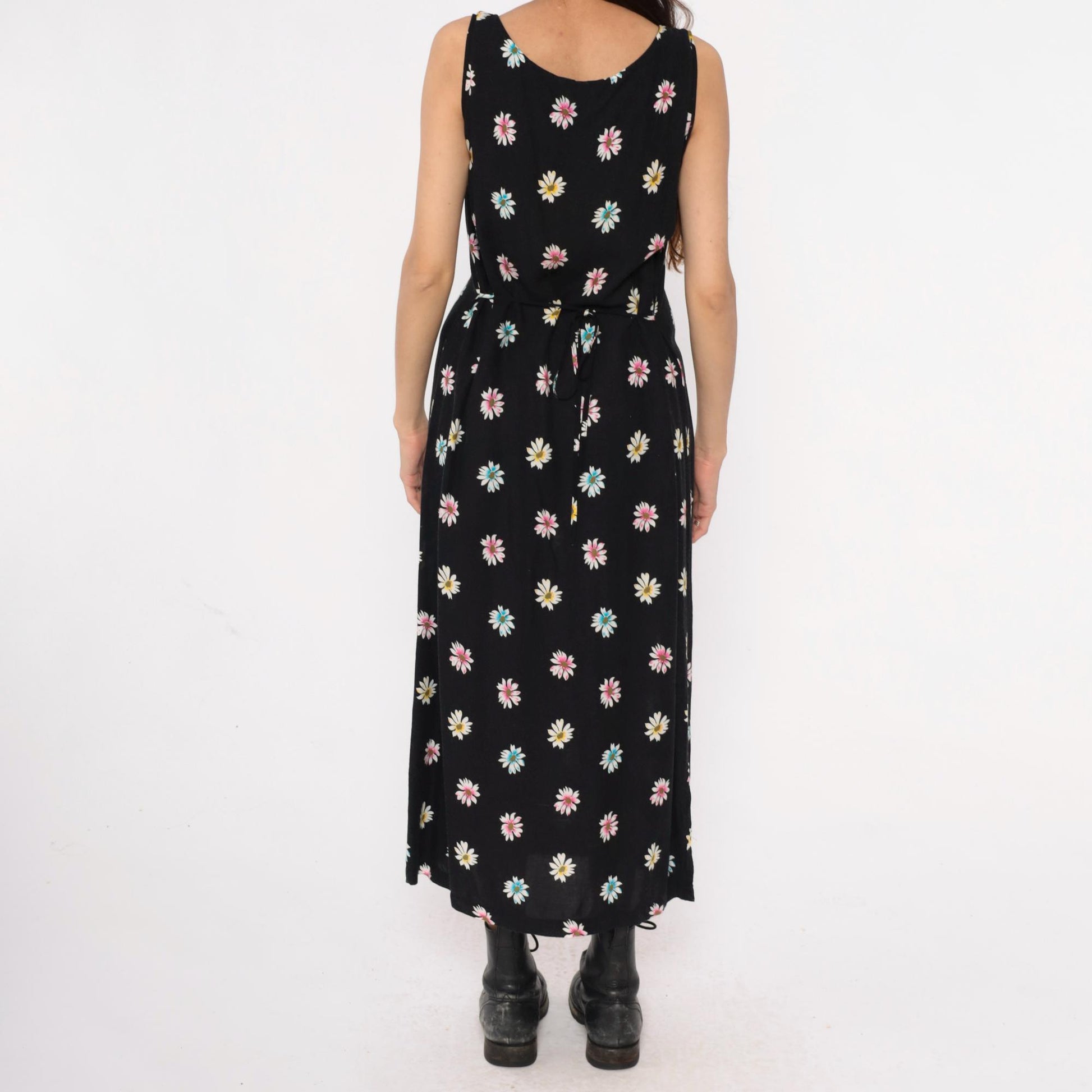 90s Daisy Print Maxi Dress Black Sleeveless Scoop Neck Large L