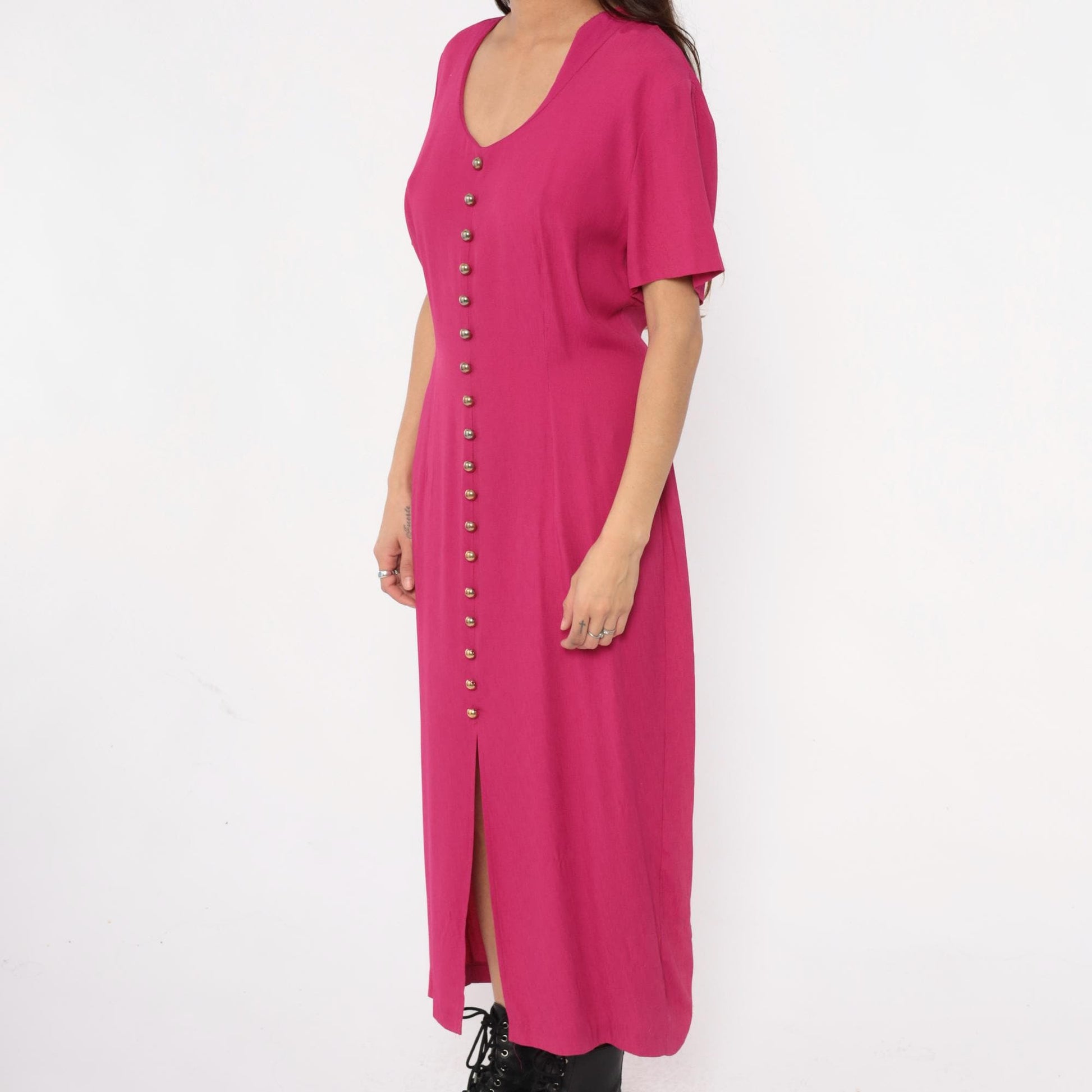 90s Nina Piccalino Hot Pink Maxi Dress V-Neck Button Front Large L