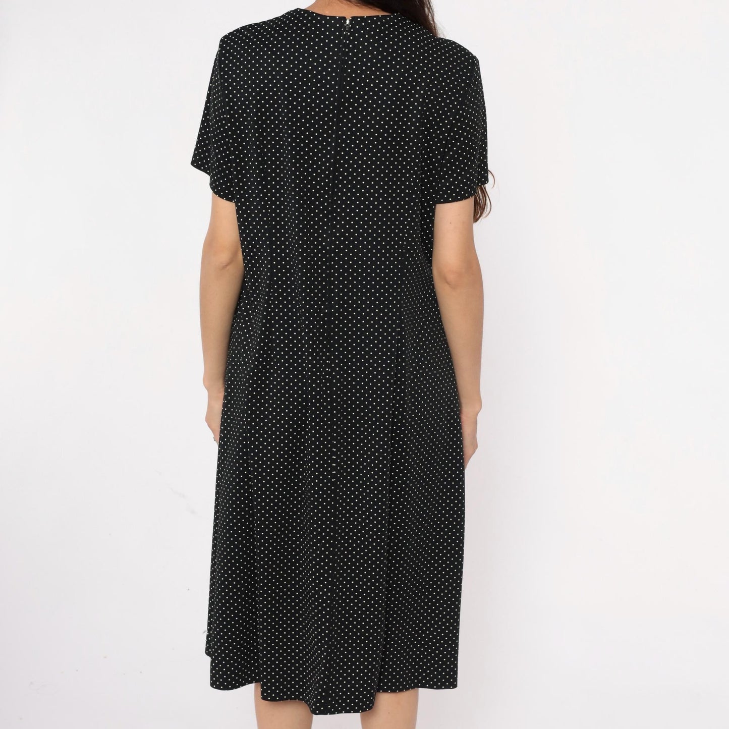 90s Black Polka Dot Midi Dress White V-Neck Short Sleeve Extra Large