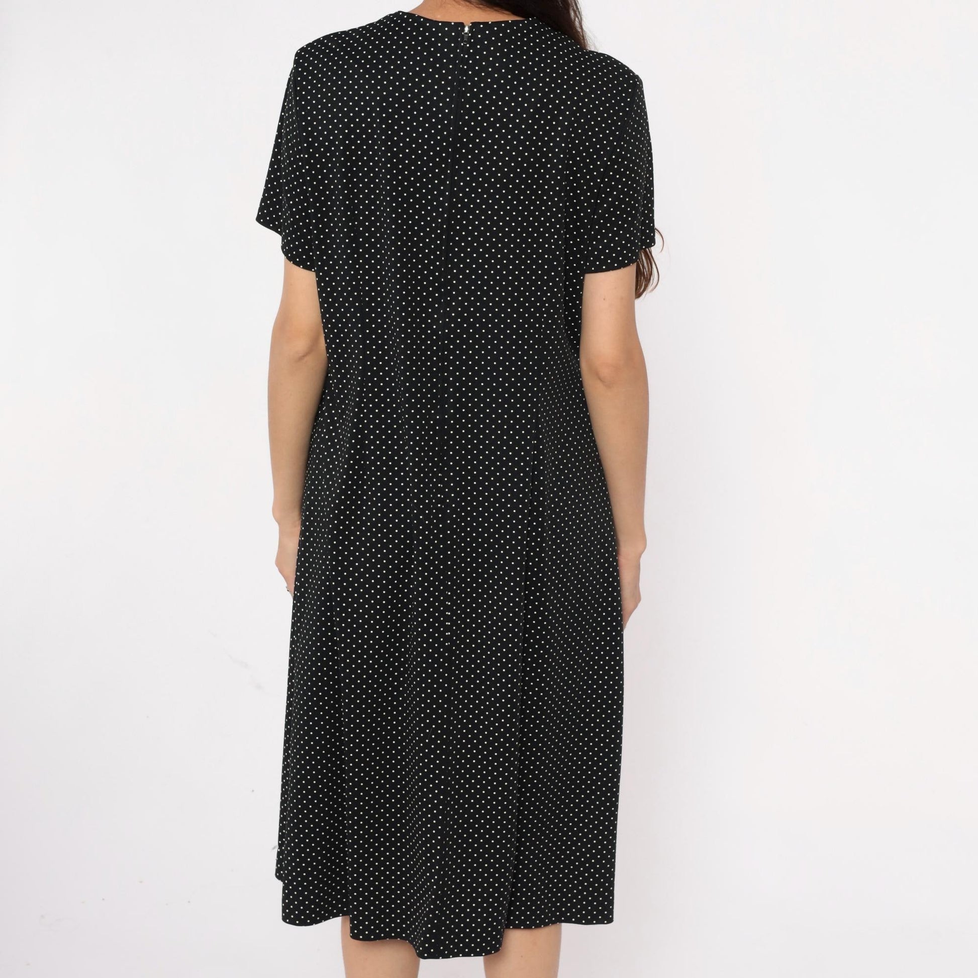 90s Black Polka Dot Midi Dress White V-Neck Short Sleeve Extra Large