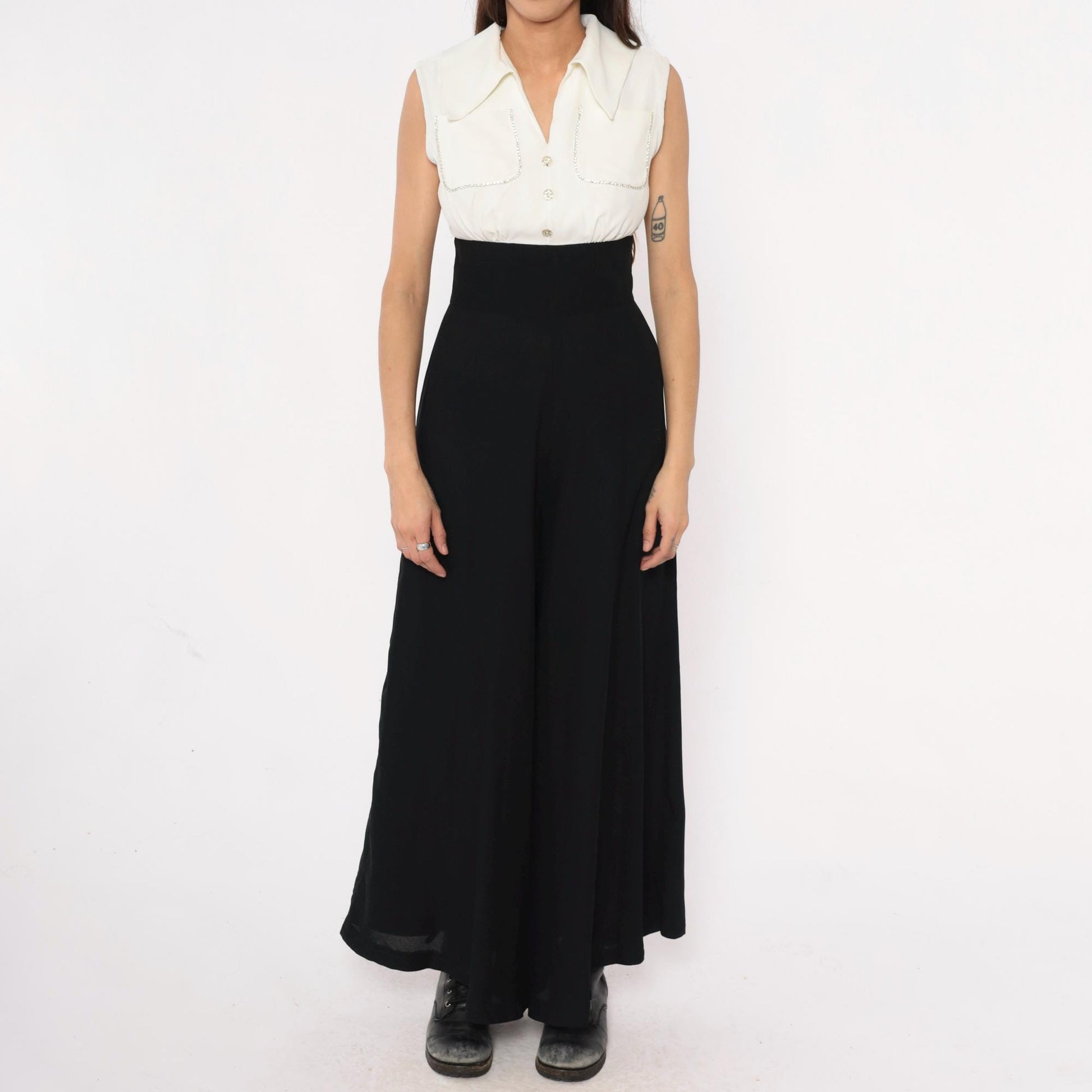 90s Black Cream Colorblock Sleeveless Jumpsuit Rhinestone High Waist Small