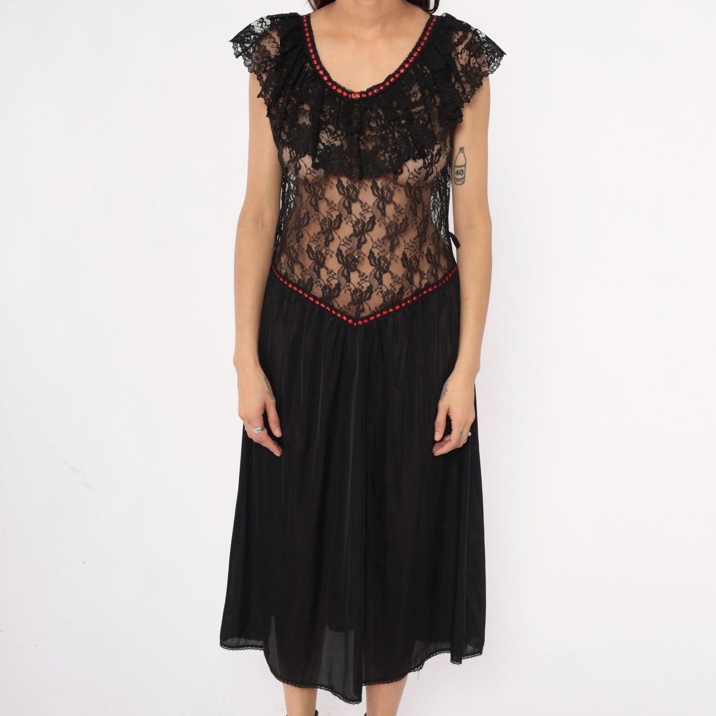 80s Stroke of Midnight Black Lace Nightgown Red Beaded Trim Maxi Large