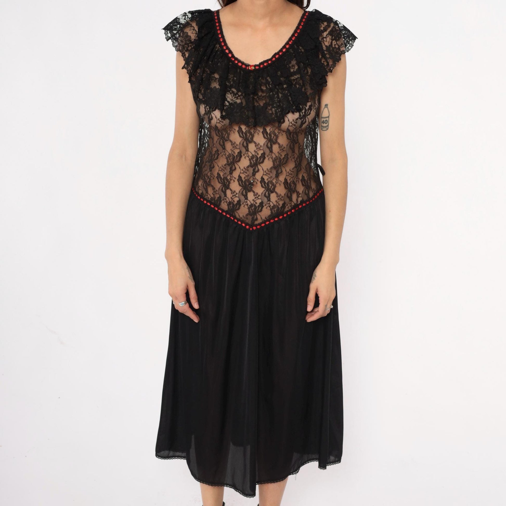 80s Stroke of Midnight Black Lace Nightgown Red Beaded Trim Maxi Large