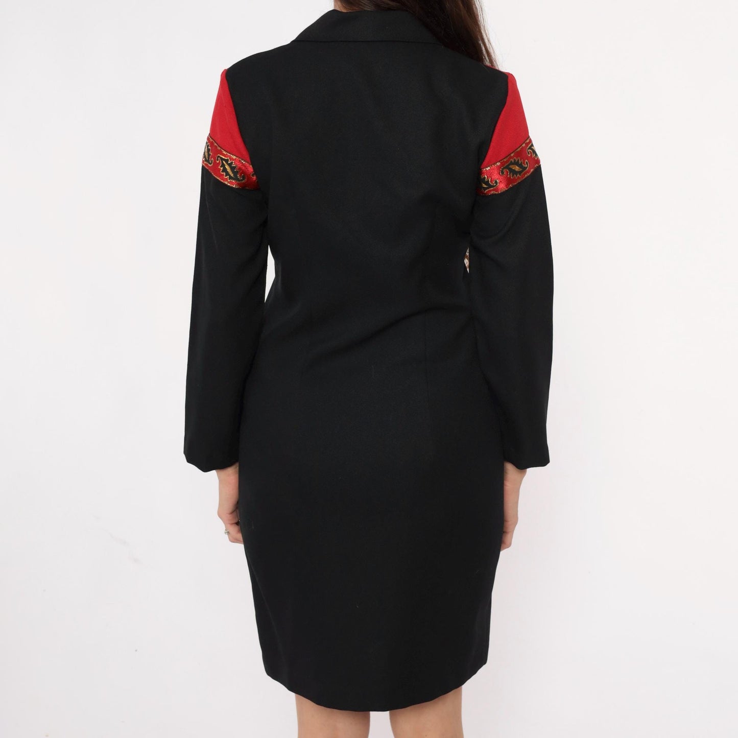 90s Willow Ridge Western Dress Black Red Color Block Gold Embroidered Small
