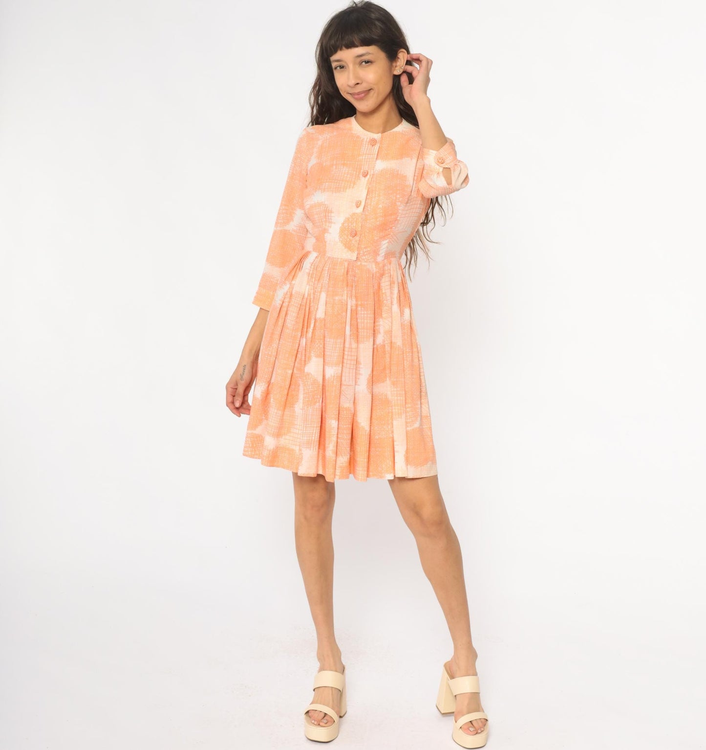 60s Peach Floral Button Front Dress Peter Pan Collar Pleated Skirt XS