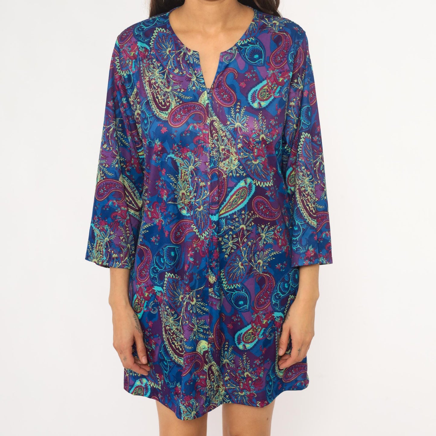 80s Paisley Shift Dress V-Neck Three-Quarter Sleeve Knee Length Large L