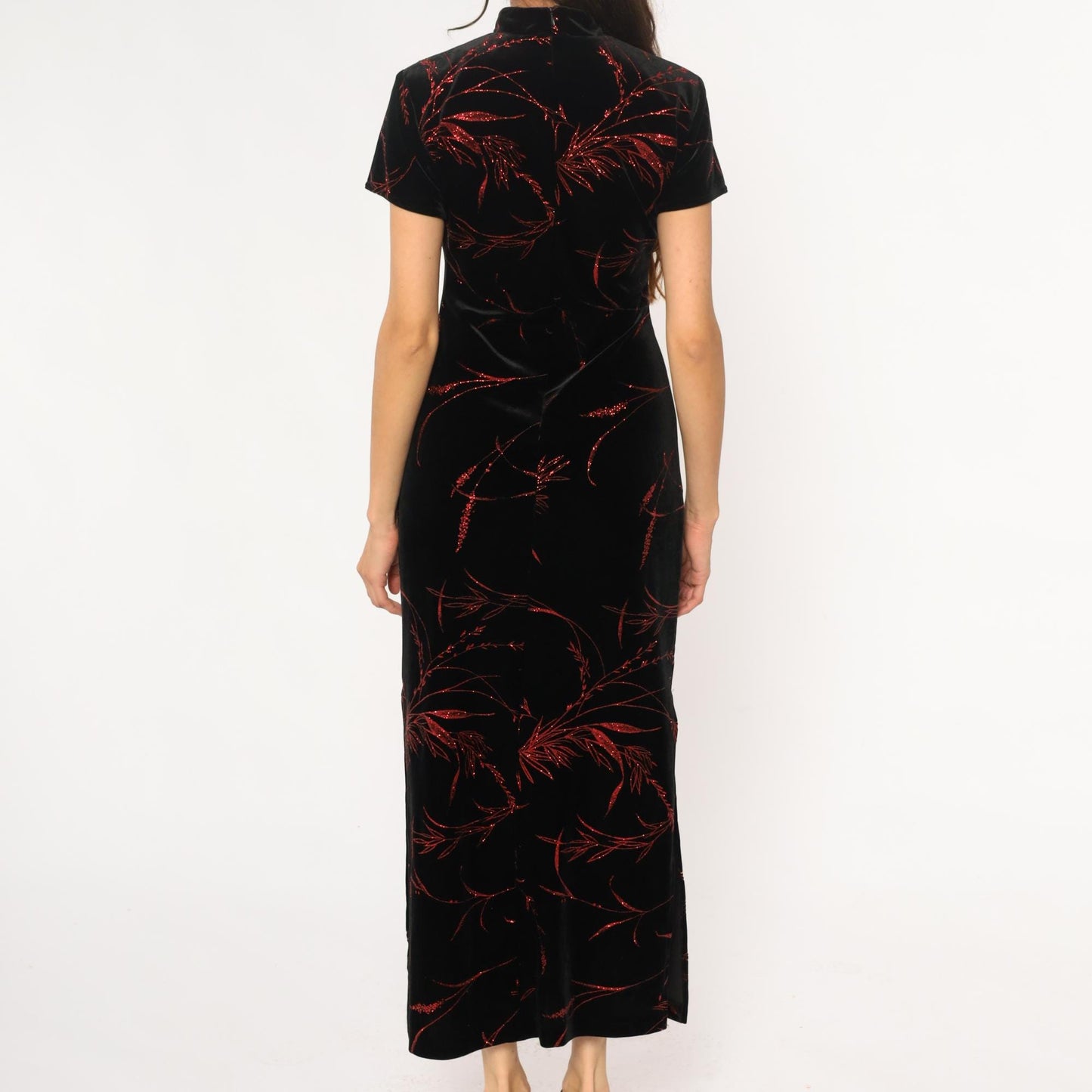 Y2K Black Velvet Maxi Dress Red Floral Cheongsam Mandarin Collar Small S