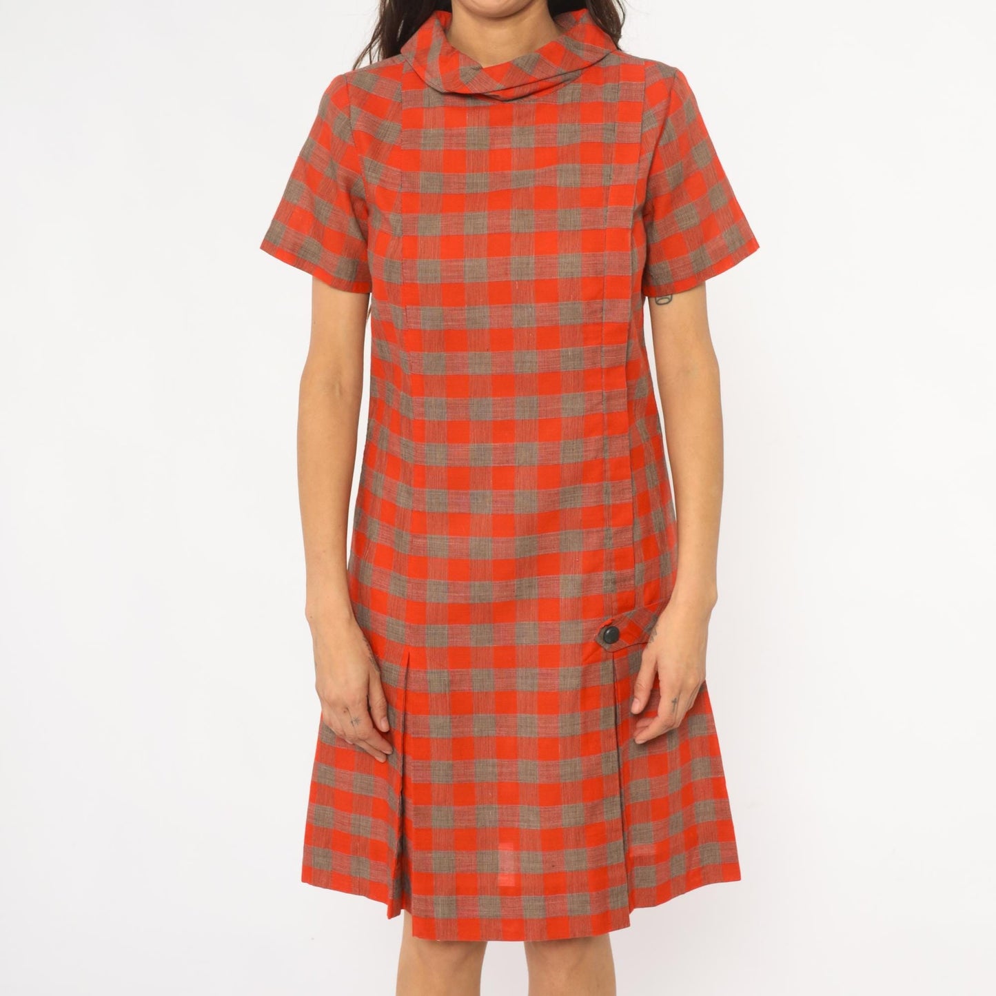 60s Orange Brown Plaid Shift Dress Drop Waist Pointed Collar Small